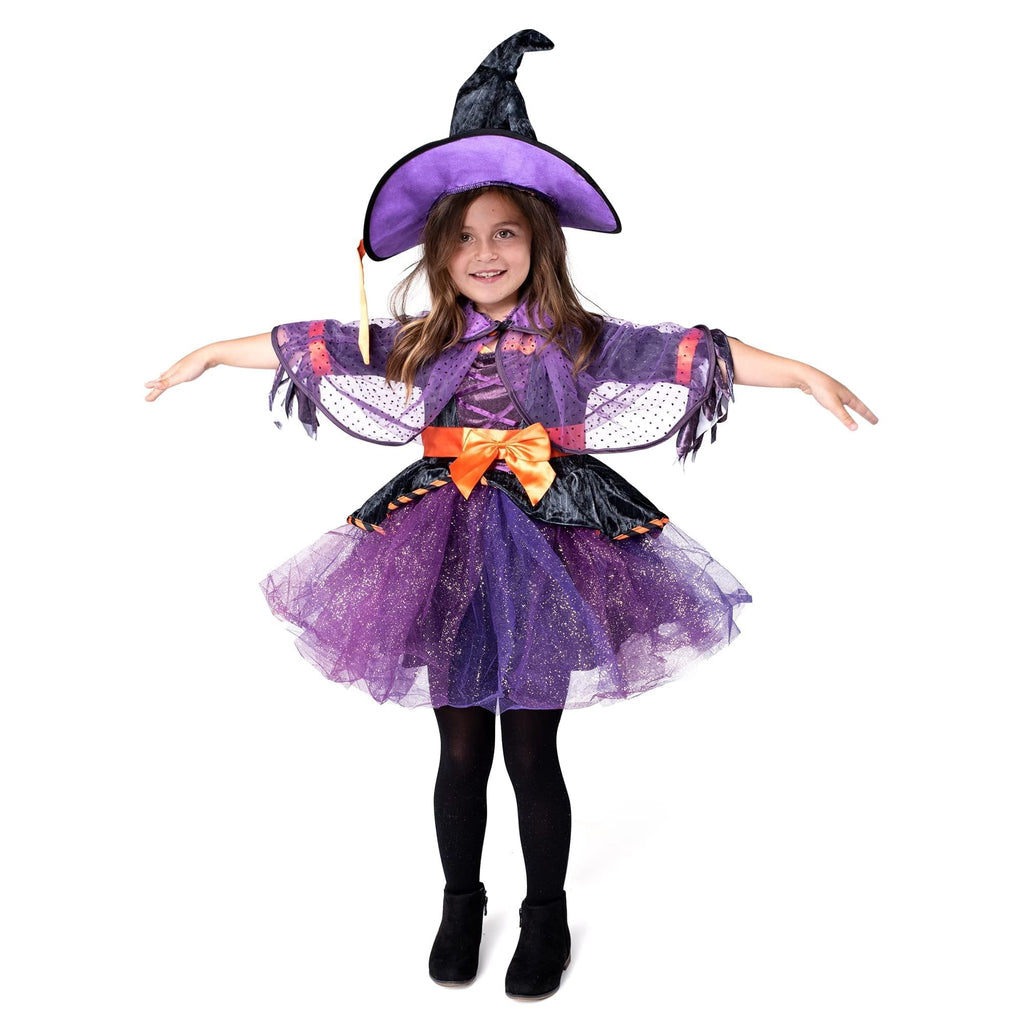 Joyfy Witch Costume for Girls, Purple Witch Dress with Broom Hat for Kids and Toddlers Halloween Dress up Parties