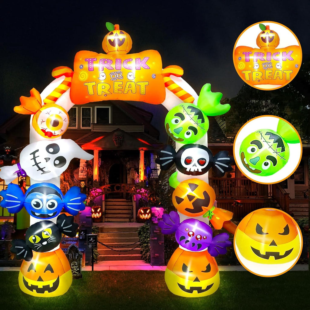 Kalolary 10FT Inflatable Candy Ghost Pumpkin Archway with Built-in Lights – Giant Outdoor Yard & Garden Decoration for Halloween, Indoor/Outdoor Use