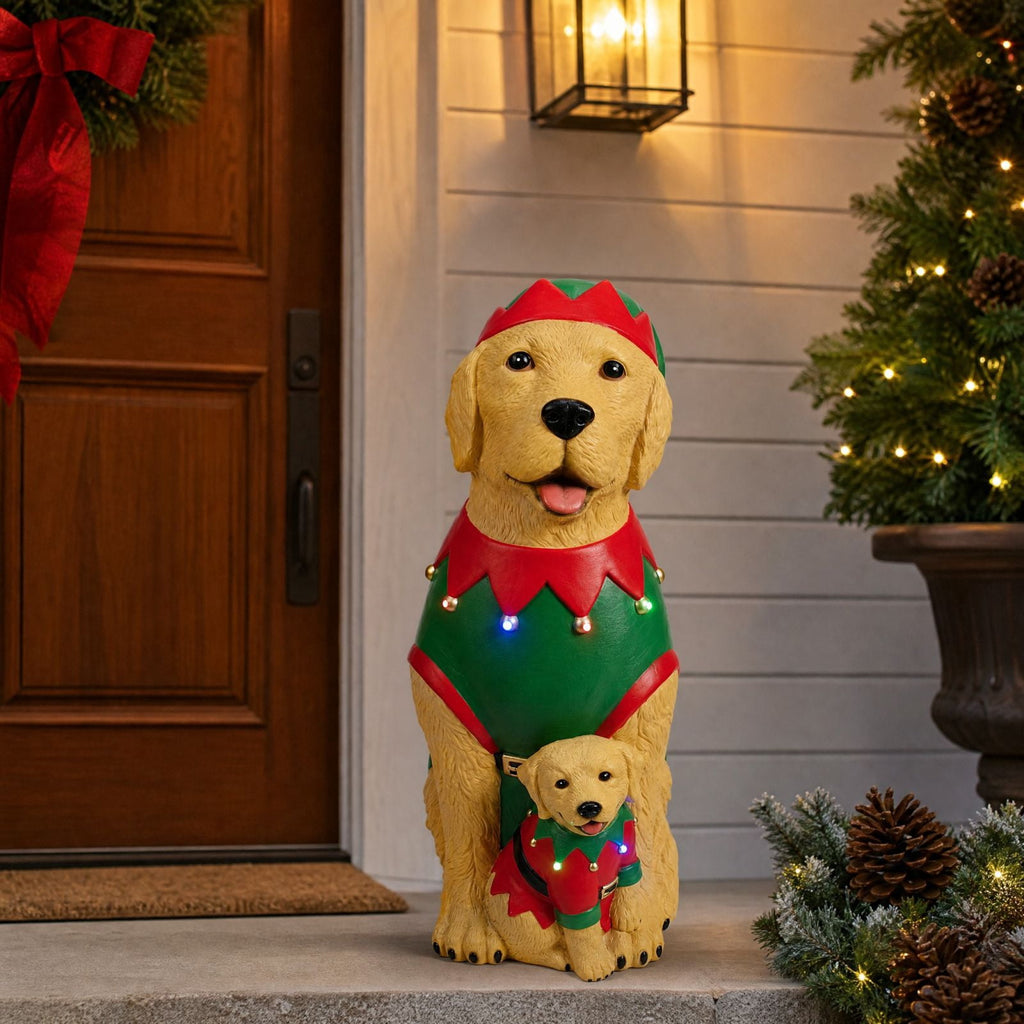 Clearance! Christmas Golden Retriever Statue with LED Lights, Cute Dog Holding Puppy Figurine, Christmas Decoration Indoor Outdoor, Gift for Kiddo Adults
