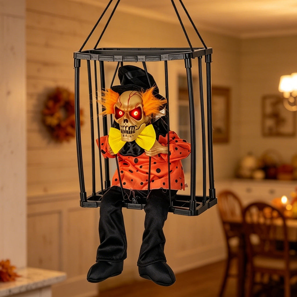 XIA0LE Halloween Hanging Caged Skeleton Prisoner Decoration, Animated Shaking Scary Ghost With Motion Sensor & Sound, Glowing Red Eyes Activated For Indoor Outdoor Party Decor (C)