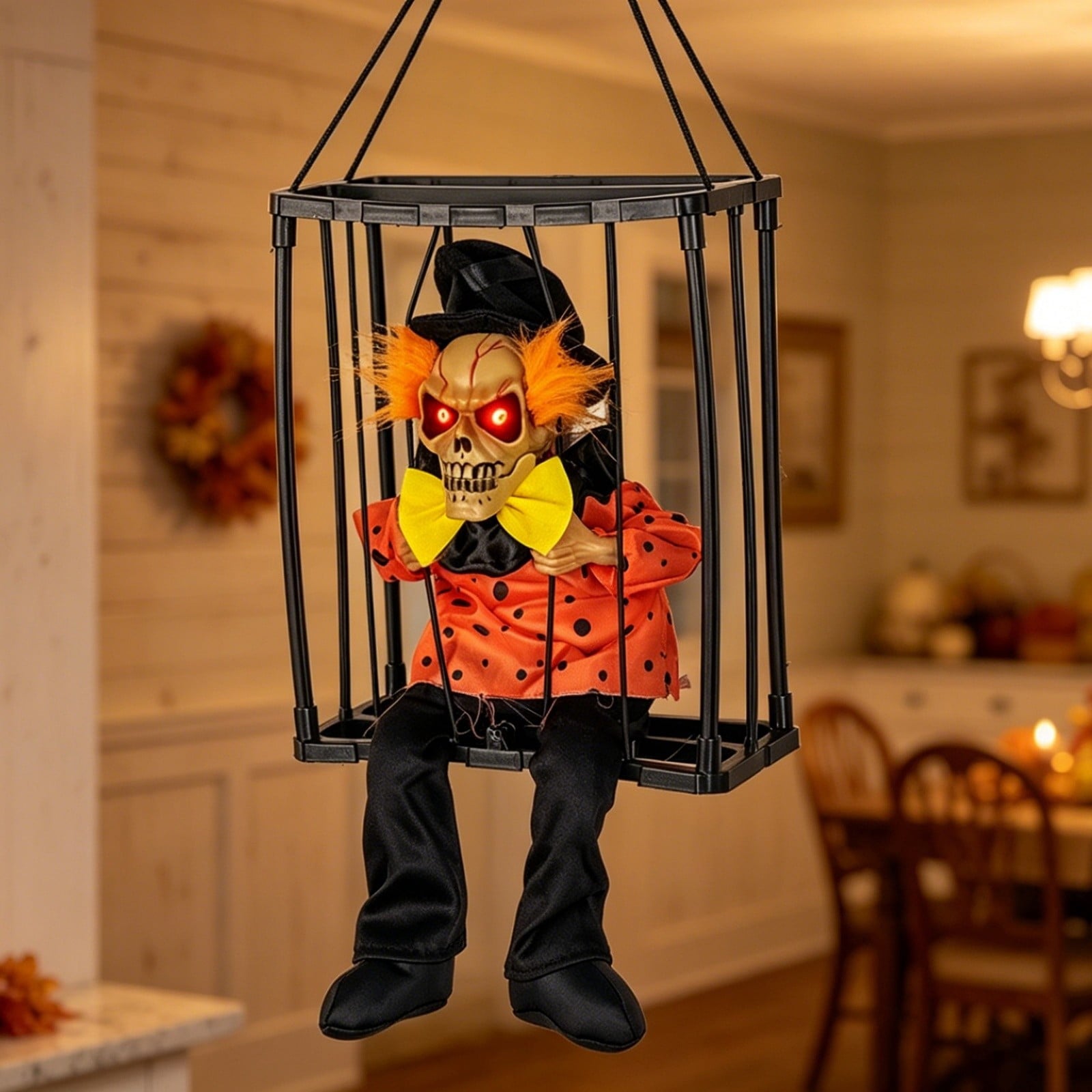 XIA0LE Halloween Hanging Caged Skeleton Prisoner Decoration, Animated Shaking Scary Ghost With Motion Sensor & Sound, Glowing Red Eyes Activated For Indoor Outdoor Party Decor (C)