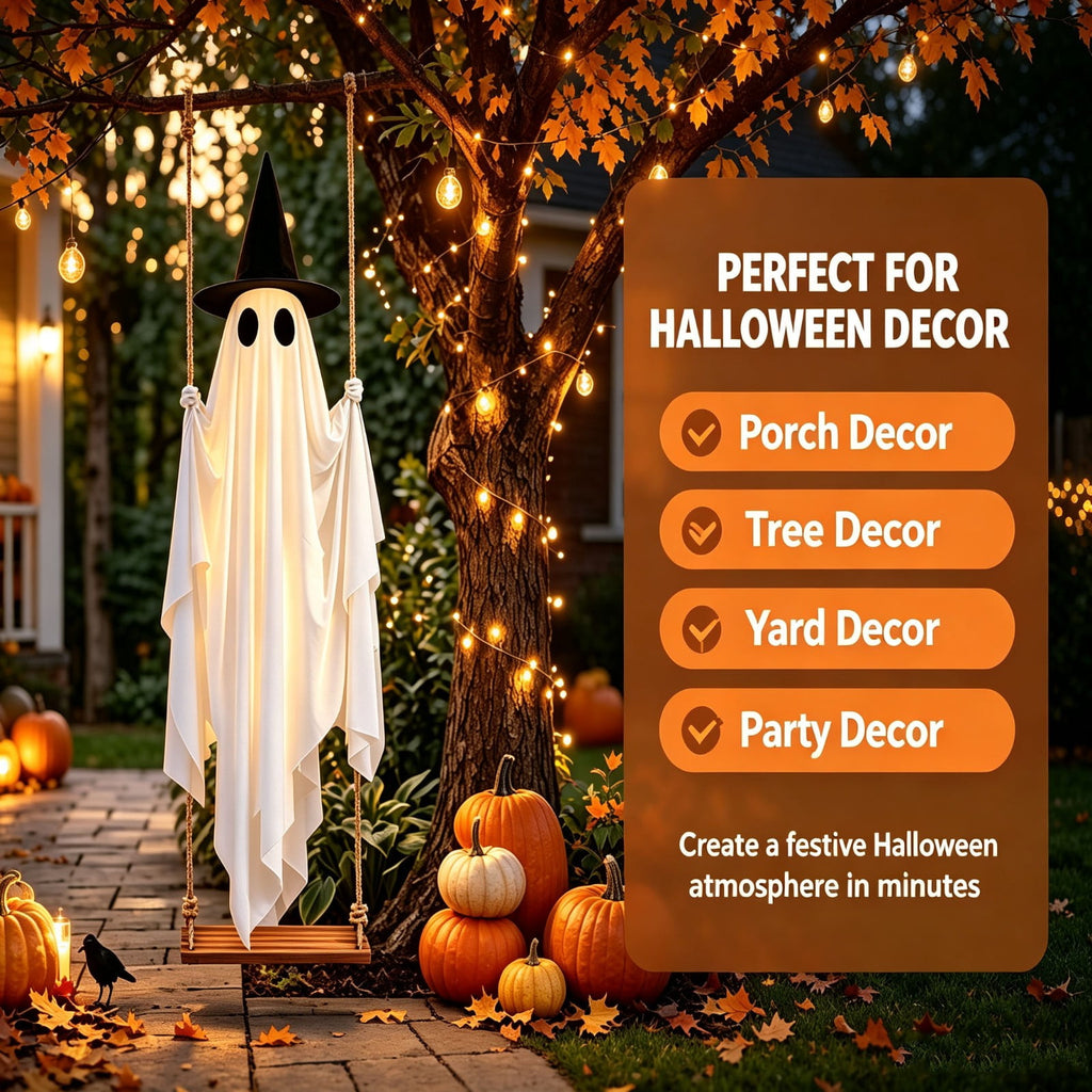 Clearance! Lighted Swing Ghost with Wooden Board, 45" Halloween Decorations Outdoor, Spooky Cute Ghosts Decorations for Front Porch Yard Tree