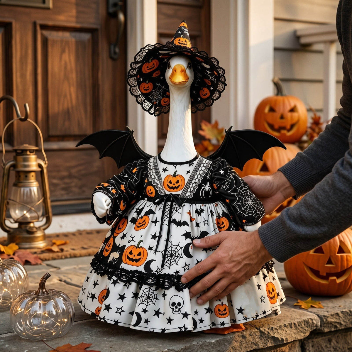 Thanksgiving Harvest Outfit for 23" Porch Goose, Goose Fall Theme Dress in White&Orange with Headwear Fall Harvest Decor for 23" Goose Outdoor Patio Yard Lawn Decoration