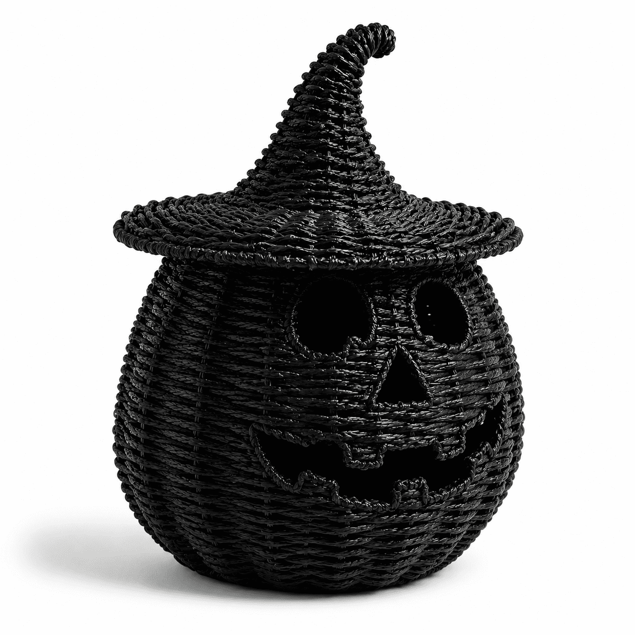 Aximioll Black Wicker Jack-O-Lantern Pumpkin 11.8In, Woven Rattan Halloween Pumpkin with Witch Hat, Cutout Face Tabletop Decor for Porch Entryway Mantel, Black