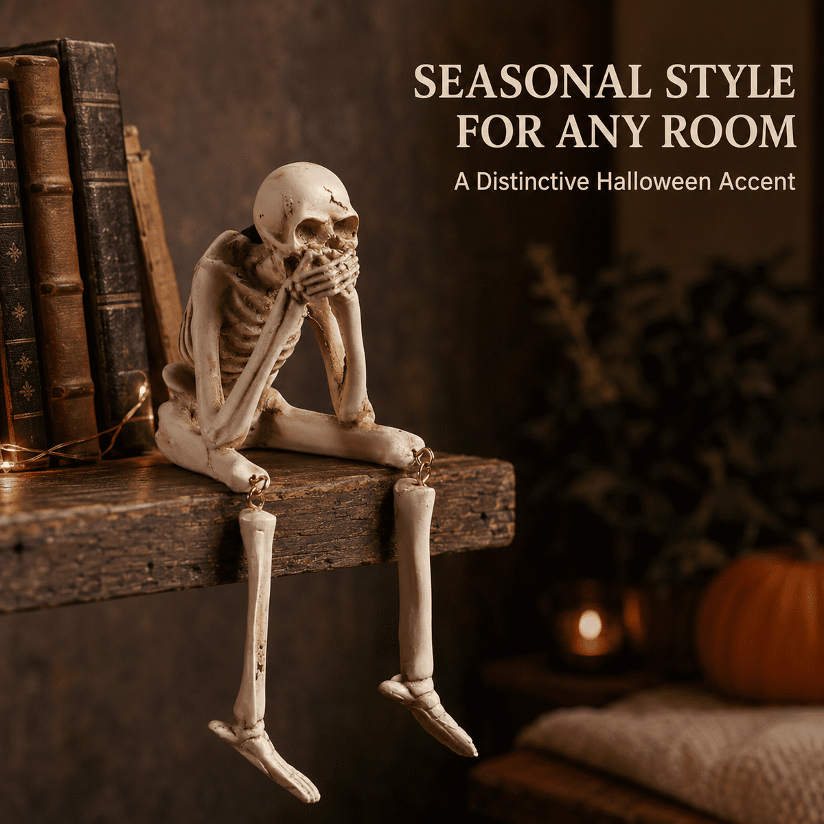 Halloween Decor Skeleton Statue Figurines Skull Decor See No Evil Hear No Evil Speak No Resin Skeleton Shelf Sitters Sitting Figurines for Home Kitchen Party Decor Table Ledge Edge Decorative (C)