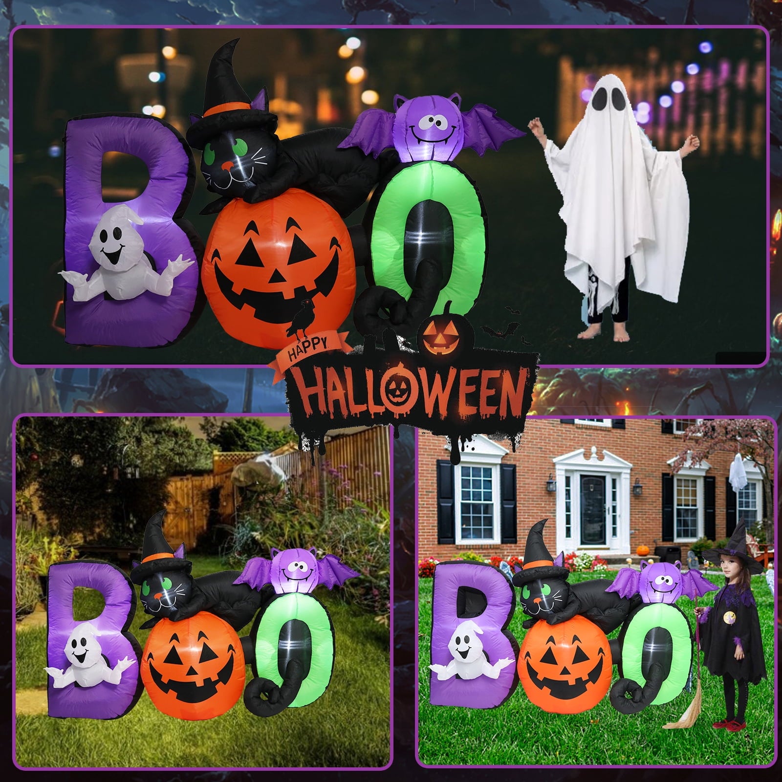 MUMTOP 6 FT Long Halloween Inflatables Outdoor Decorations, Pumpkin Inflatable with Lighted Ghost, Black Cat and Bat, Blow Up Decoration for Halloween Party, Yard, Garden, Lawn