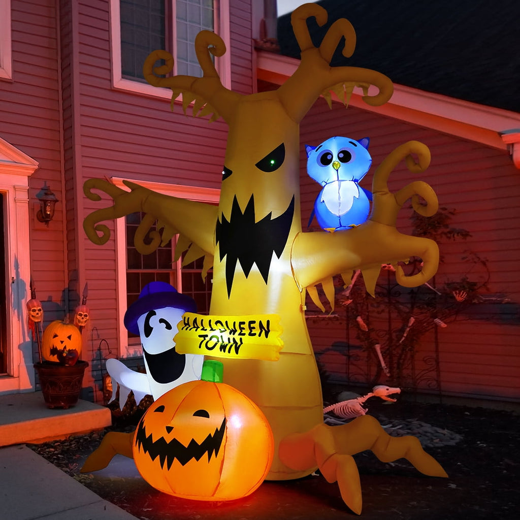 GOOSH Halloween Inflatables 8 FT Halloween Inflatable tree with Ghost Pumpkin and Owl, Halloween Dead Tree Decorations Scary Halloween Decorations with Built-in Lights for Halloween/Holiday/Party