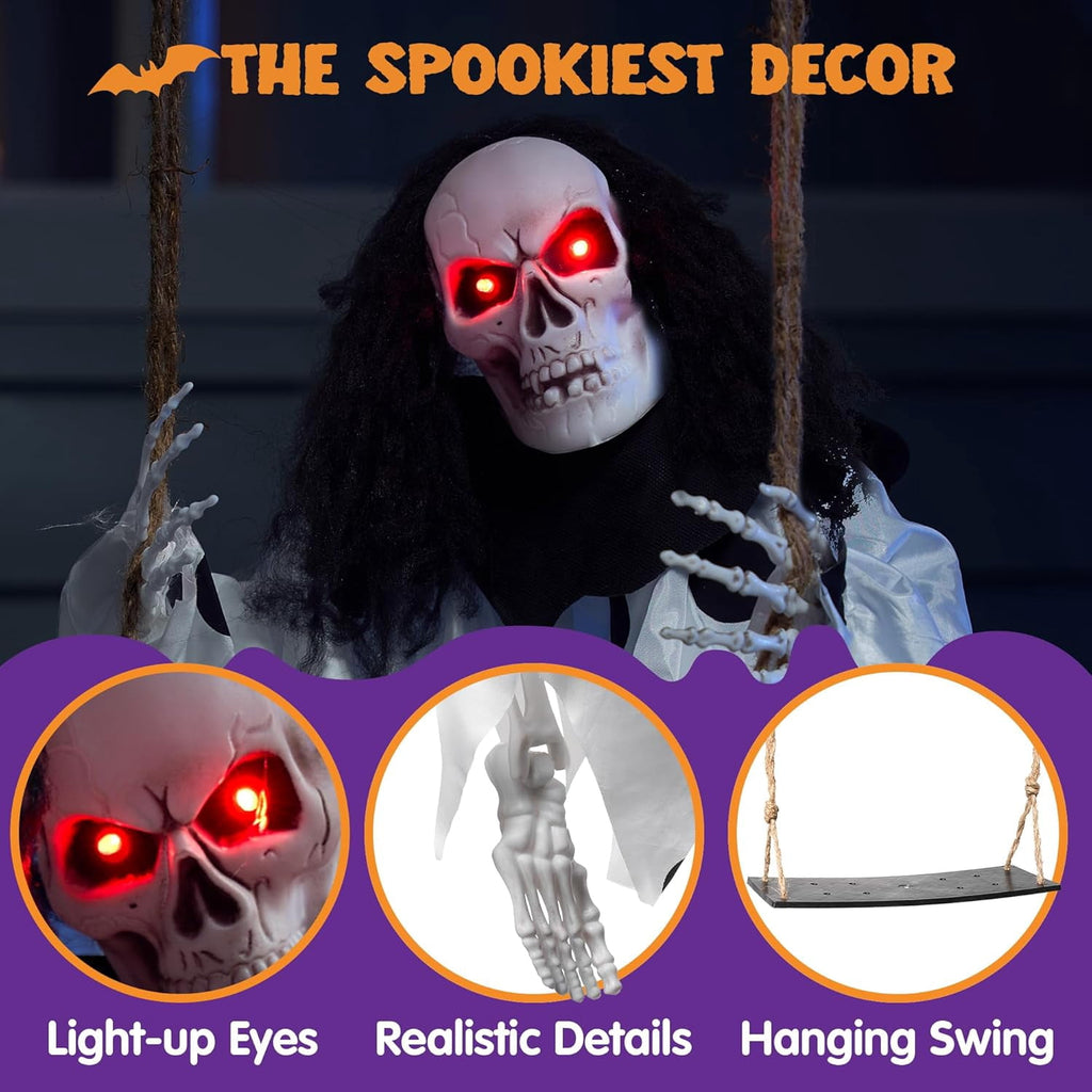 Joyfy 3 FT Halloween Hanging Swinging Skeleton,Light Up Creepy Grim Reaper with Black Hood Decorations for Halloween Hanging Decorations Indoor Outdoor Yard Home Decorations