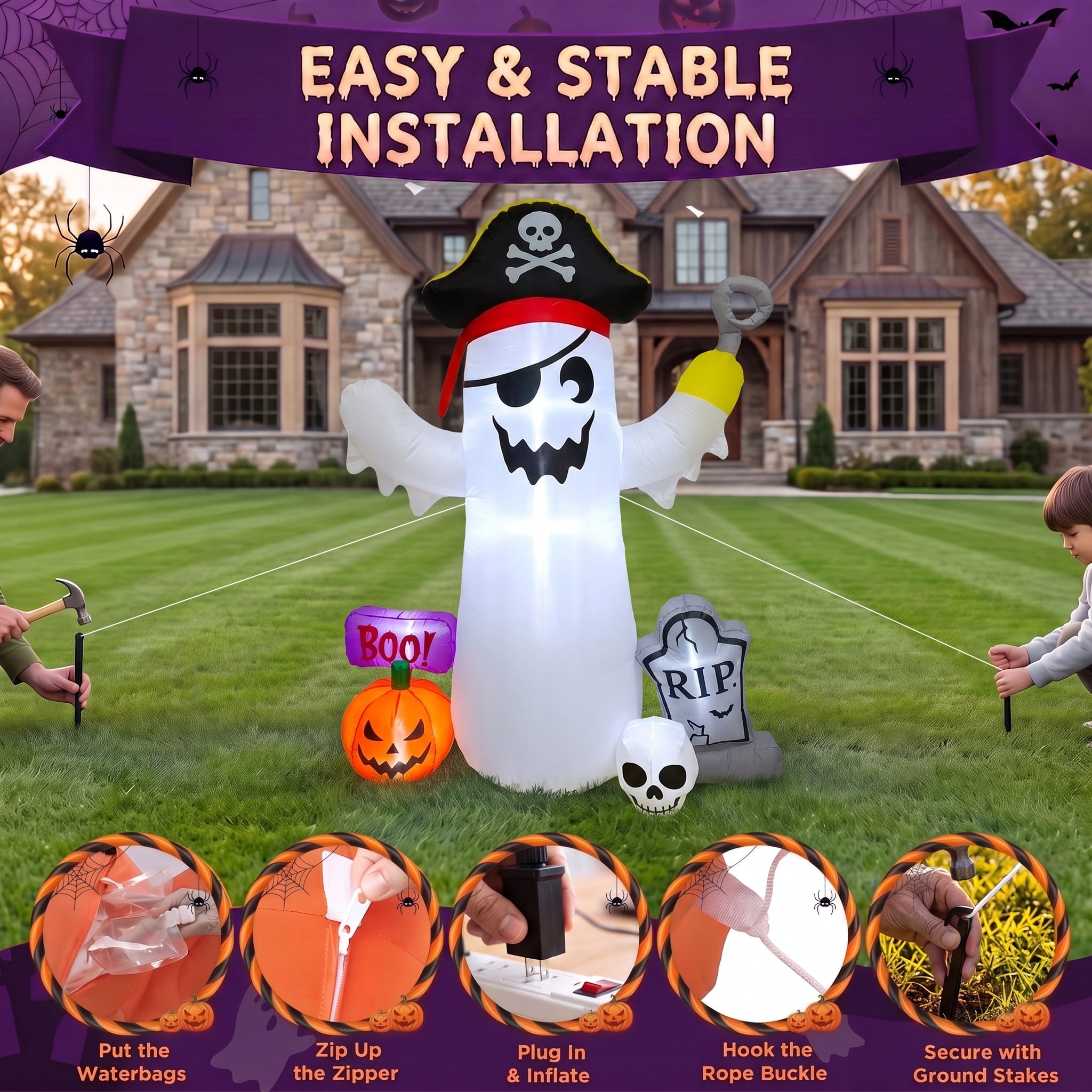 Glazina 7 FT Halloween Inflatable Ghost Signpost with Skull Spider, Built-In LED Lights, Outdoor Halloween Blow Up Yard Decoration