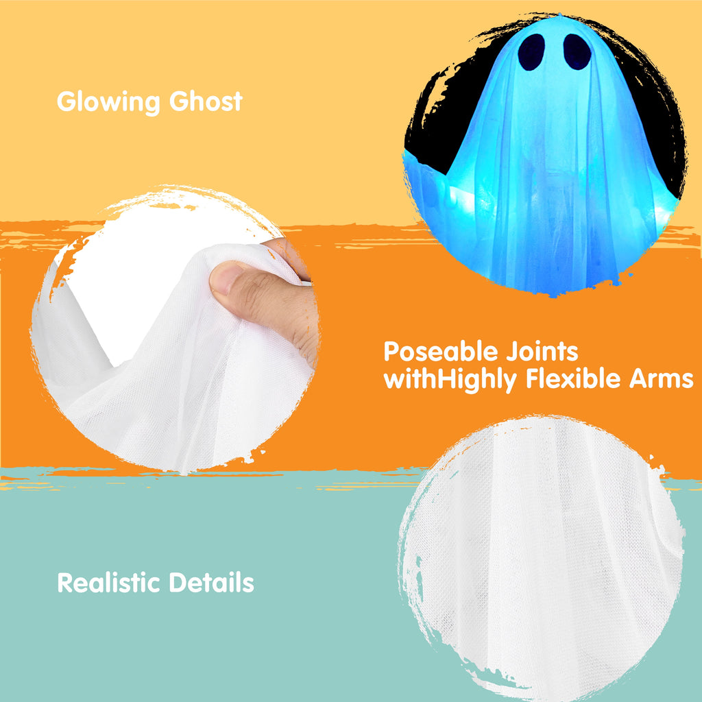 Joyfy 47" Halloween Hanging Light up Ghost Decorations Outdoor,White Ghosts with Blue LED Light and Timer Halloween Hanging Decoration Waterproof for Front Yard Patio Lawn