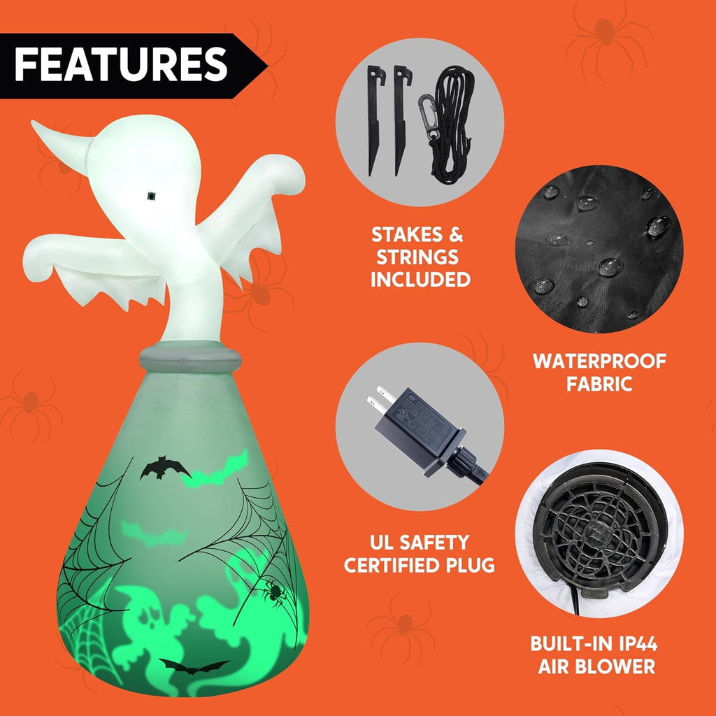 Joyfy 6 ft Halloween Inflatable Witch & Cauldron,Blow Up Decor with Rotating Green Ghost Projection Built-in LEDs,Outdoor Decoration for Party,Yard,Garden
