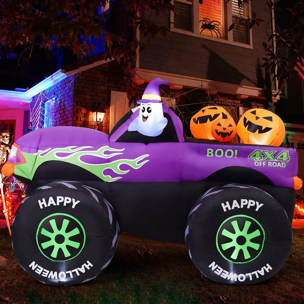 GOOSH Halloween Inflatables 8 FT Inflatable Monster Truck with Built-in LEDs, Halloween Inflatable Truck with Blow Up Ghost Pumpkin, Outdoor Halloween Decorations for Holiday Party Indoor Outdoor