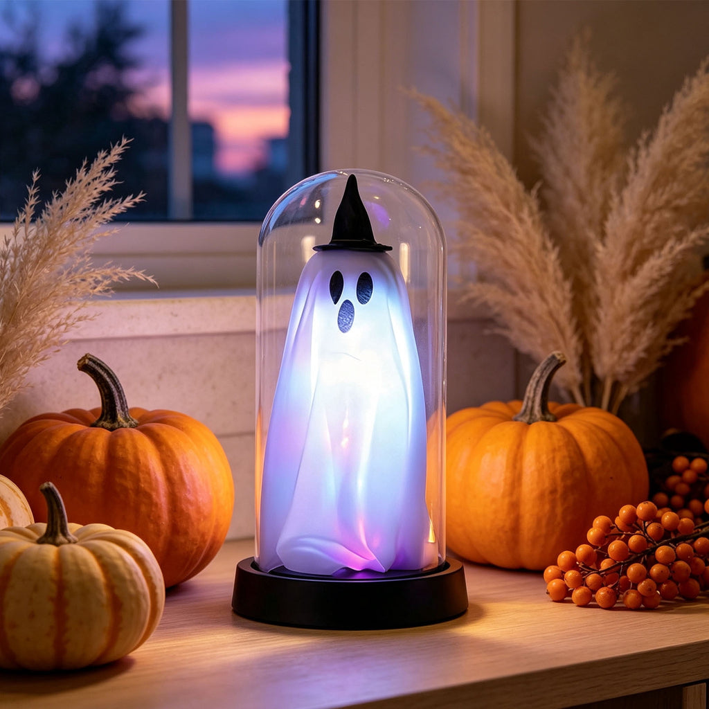 Darzheoy Halloween Decoration Ghost Cloche Lamp, with 3 Mini Figurines, Halloween Ghost Spooky, White Warm Glow, 1 Count