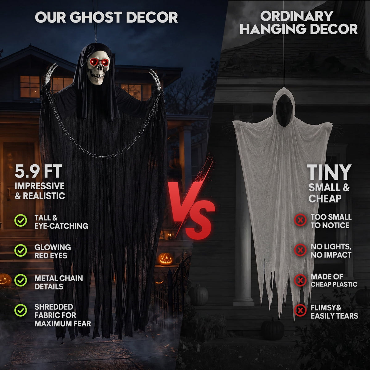 Ayieyill Halloween Grim Reaper 6ft Hanging Ghost Skeleton Decorations, Spooky Halloween Decor for Yard Haunted House Party Outdoor