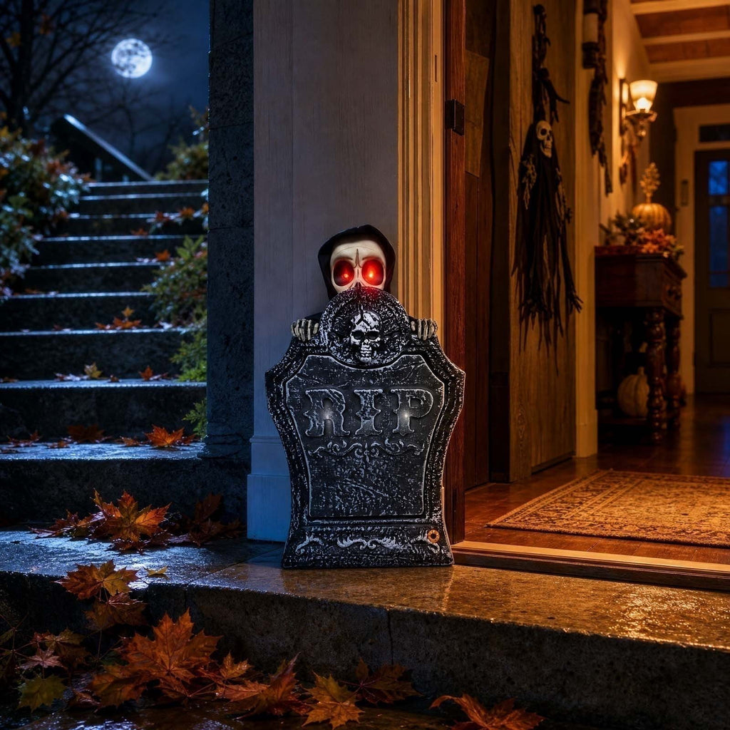 EWASWON Halloween Animated Tombstone, Motion Activated Gravestone with Rising Skeleton, Glowing LED Eyes & Scary Sounds, Outdoor Yard Decoration