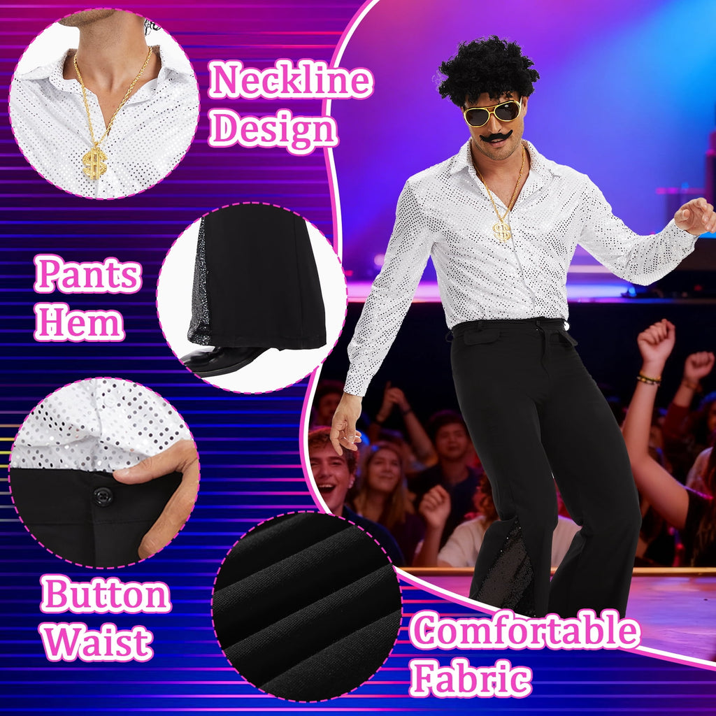 MYATED 70s Disco Costume for Men 6 Pcs Dance Bell Bottom Pants Retro Shirts Wigs Sunglasses Necklace Shirts for Disco Party (Black,L)