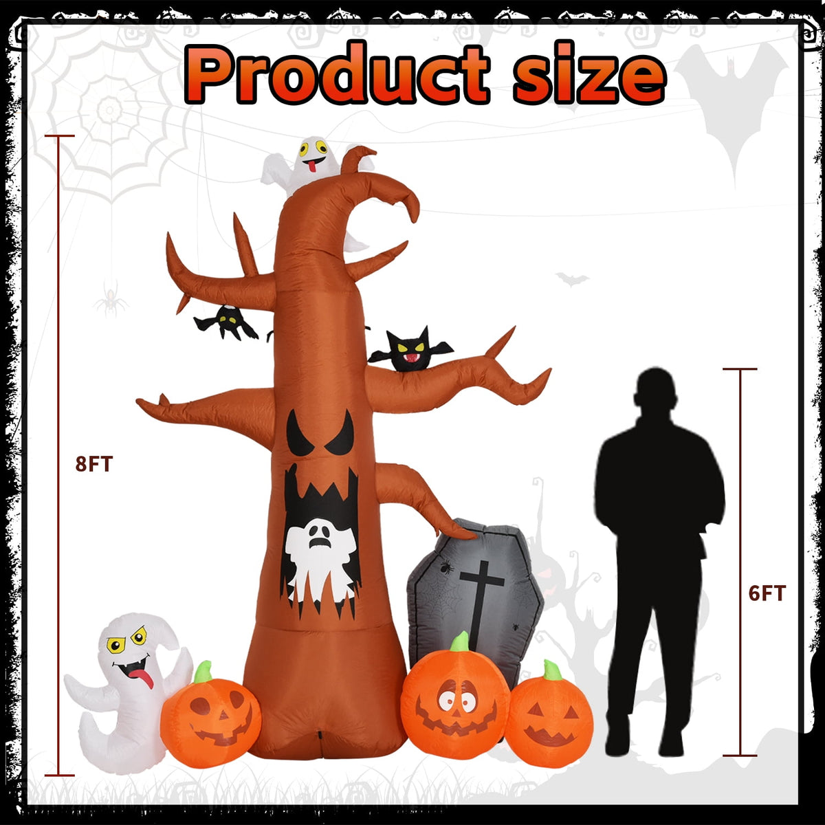 Coolmade 8 ft Halloween Inflatable Dead Tree with Ghost Pumpkins Tombstone Bat Built‑in LED Lights Outdoor Yard Decor`
