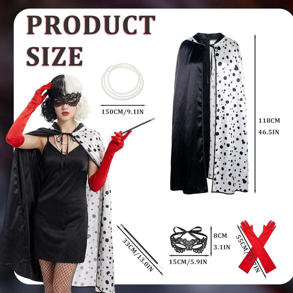 Forfamy De-Ville Costume Women,Black White Coat with Wigs Gloves Necklace, Womens Halloween Costumes