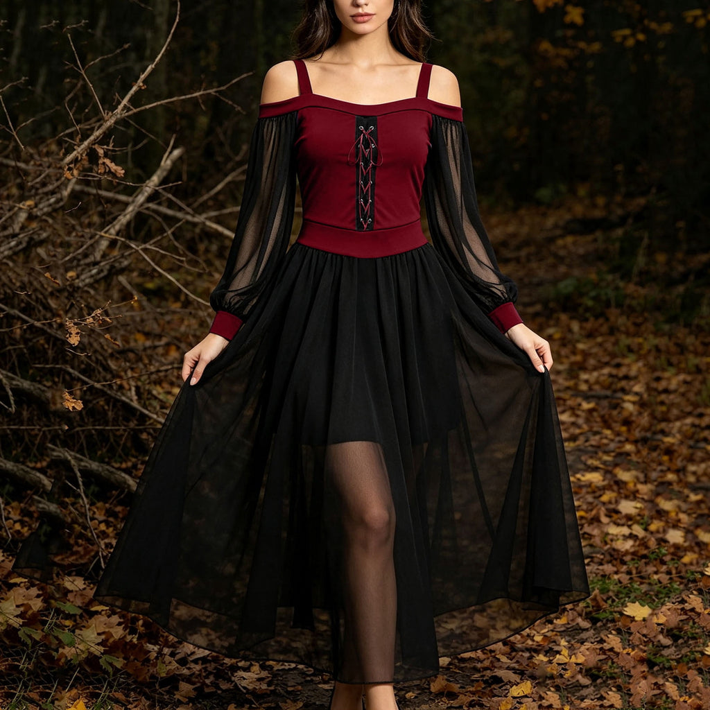 JOANKDMI Women's Gothic Midi Dress Elegant Vampire Costume Cold Shoulder Sheer Long Sleeve Lace-up Corset for Roleplay Halloween Party Outfit Chic, S-3XL