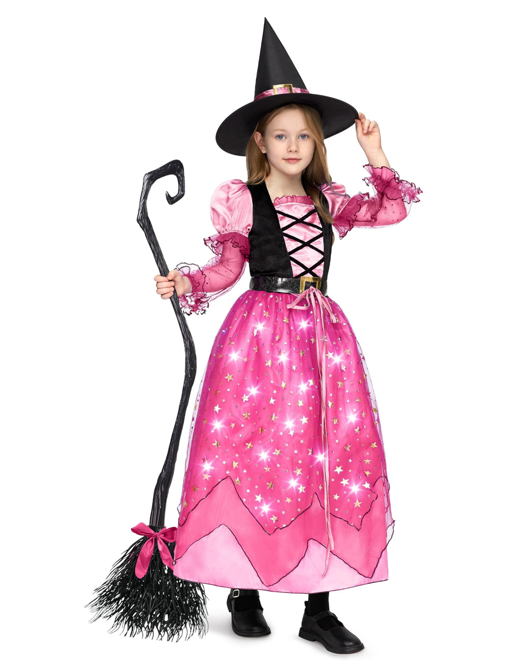 Joyfy Light Up Witch Costume Set for Girls, Starry Witch Dress with Broom Belt Hat for Kids and Toddlers, Perfect for Halloween Party Dress-Up Cosplay (5-12 Years)