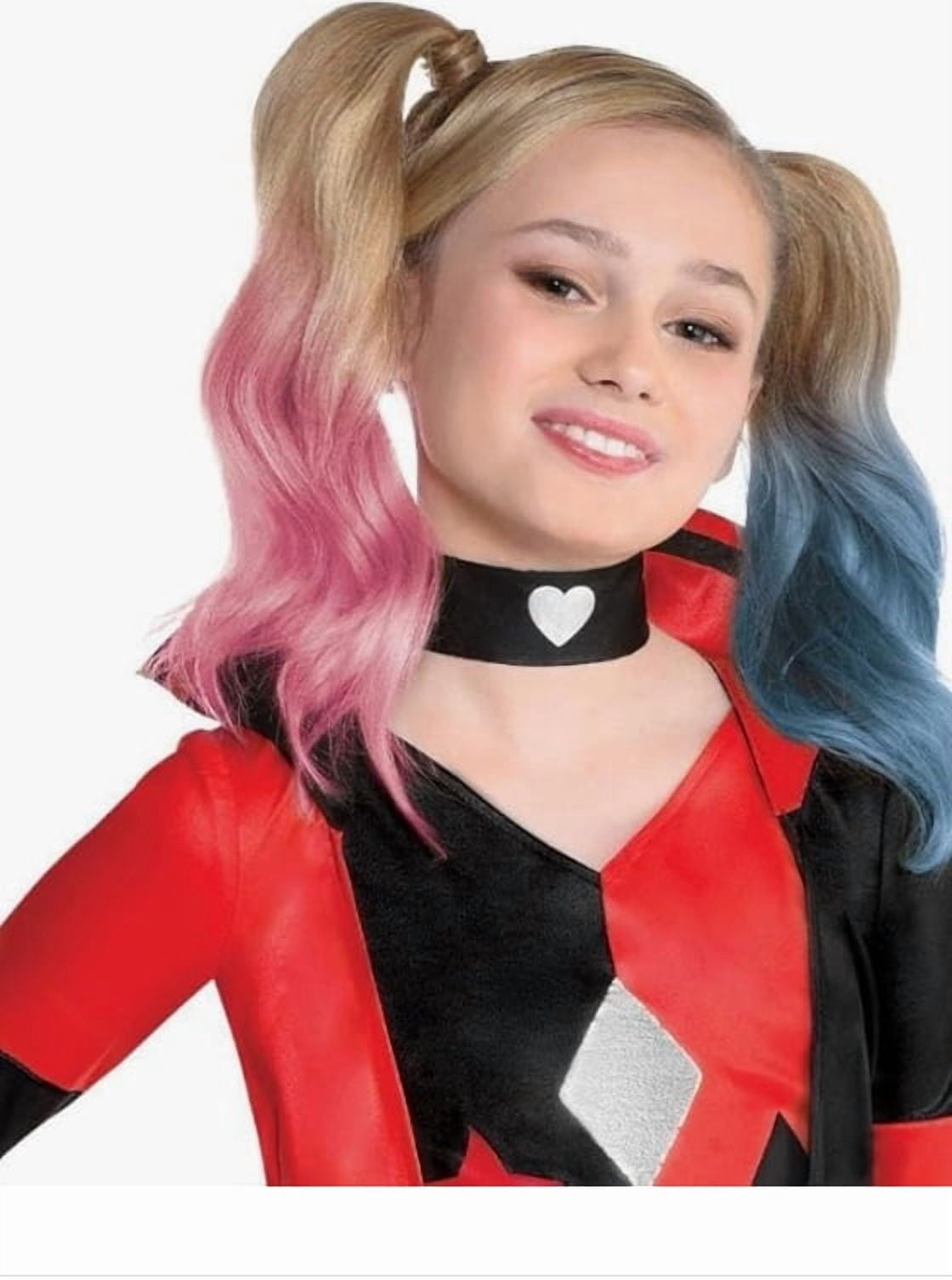DC Comics Harley Quinn Girls Fancy-Dress Costume with Romper, Choker, Gloves & Leg Warmers - Large