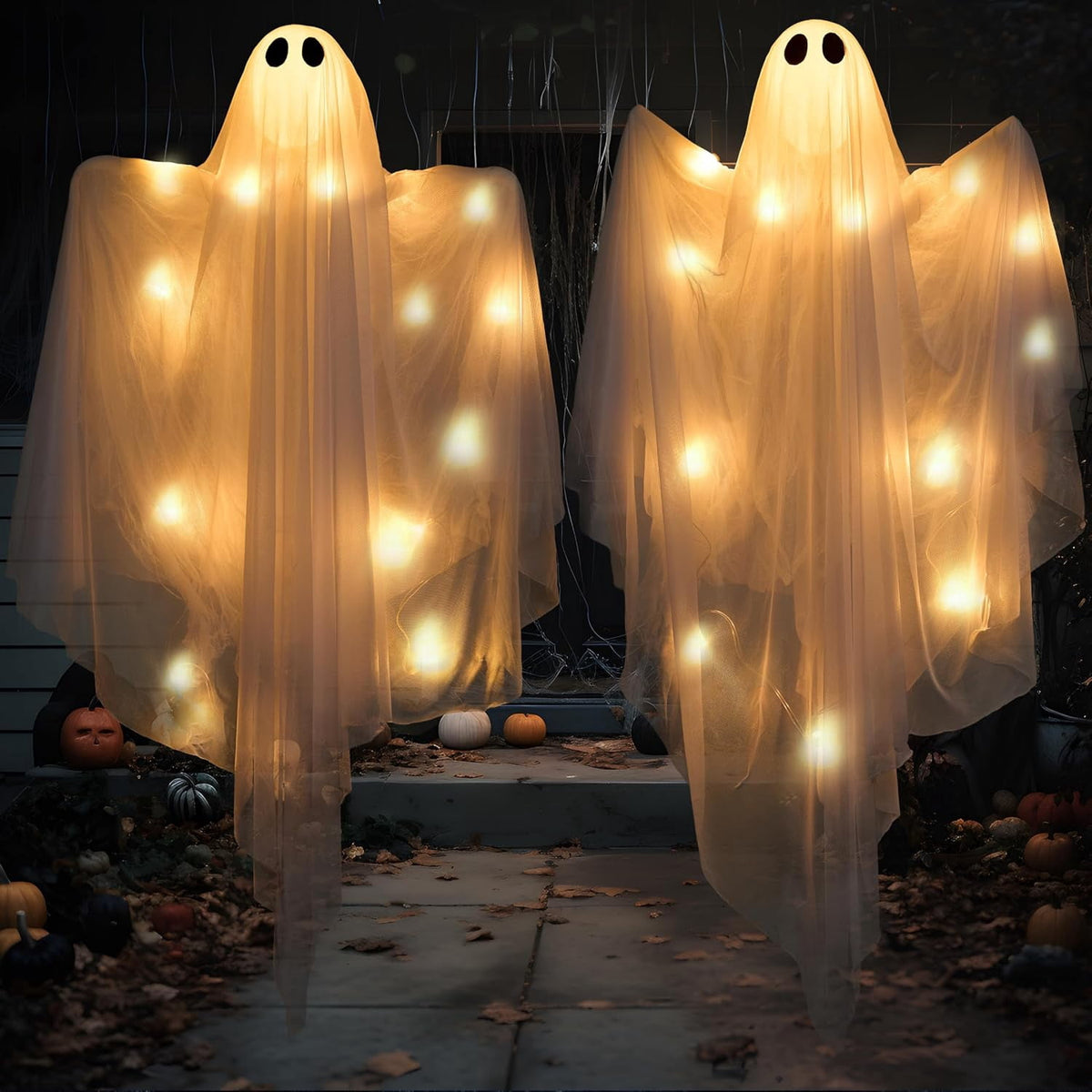 Joyfy 47" Halloween Hanging Light up Ghost Decorations Outdoor,White Ghosts with Blue LED Light and Timer Halloween Hanging Decoration Waterproof for Front Yard Patio Lawn
