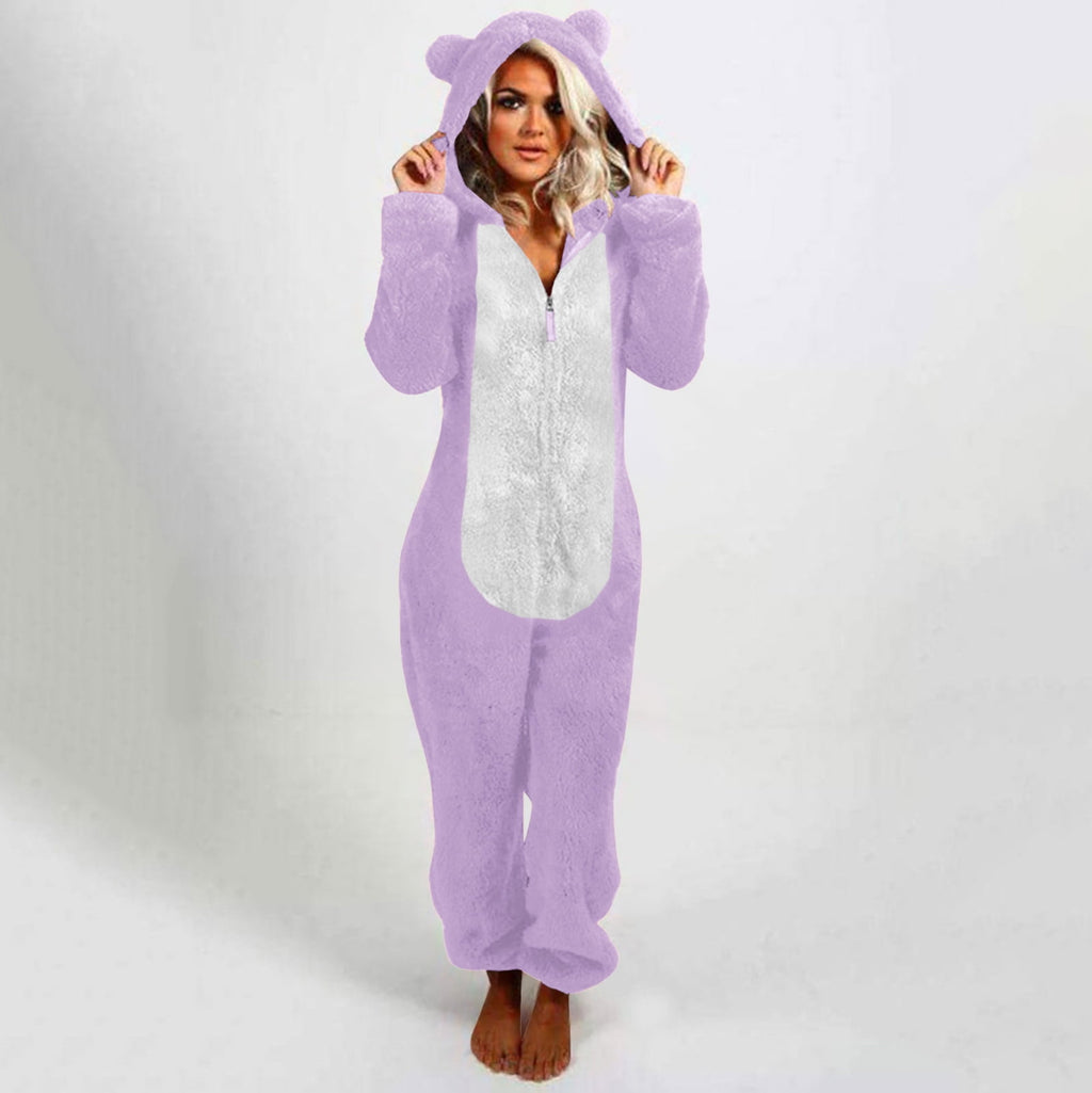 QATAINLAV Sherpa Fleece Jumpsuit for Women Winter Warm Fuzzy Onesie Pajamas Cute Cat Hooded Romper Casual Zip Up Overalls Sleepwear Black XL