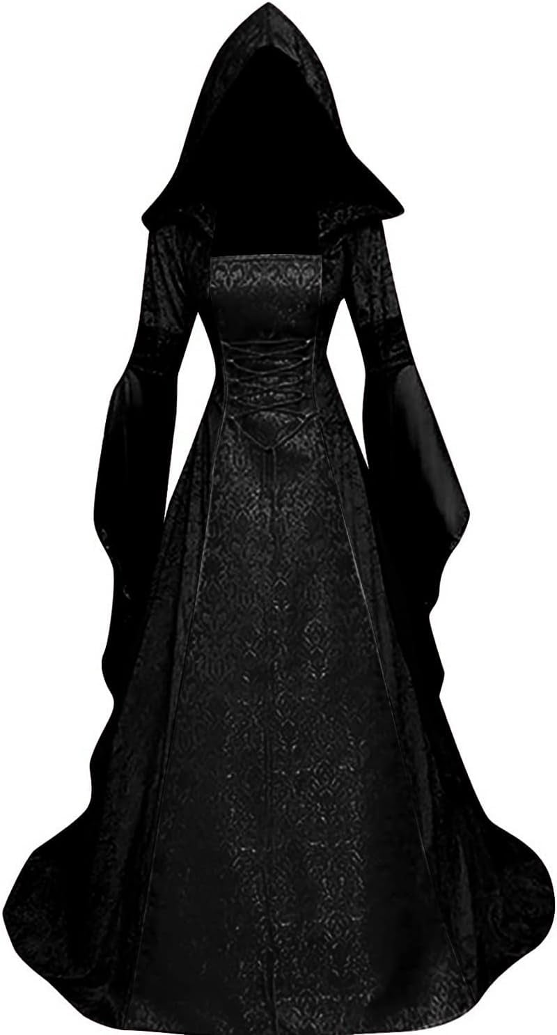 Halloween Witch Costume Women, Deluxe Witch Dress Costume, Vintage Embroidered Renaissance Gothic Hooded Vampire Gown Dress Cosplay Costumes Black M