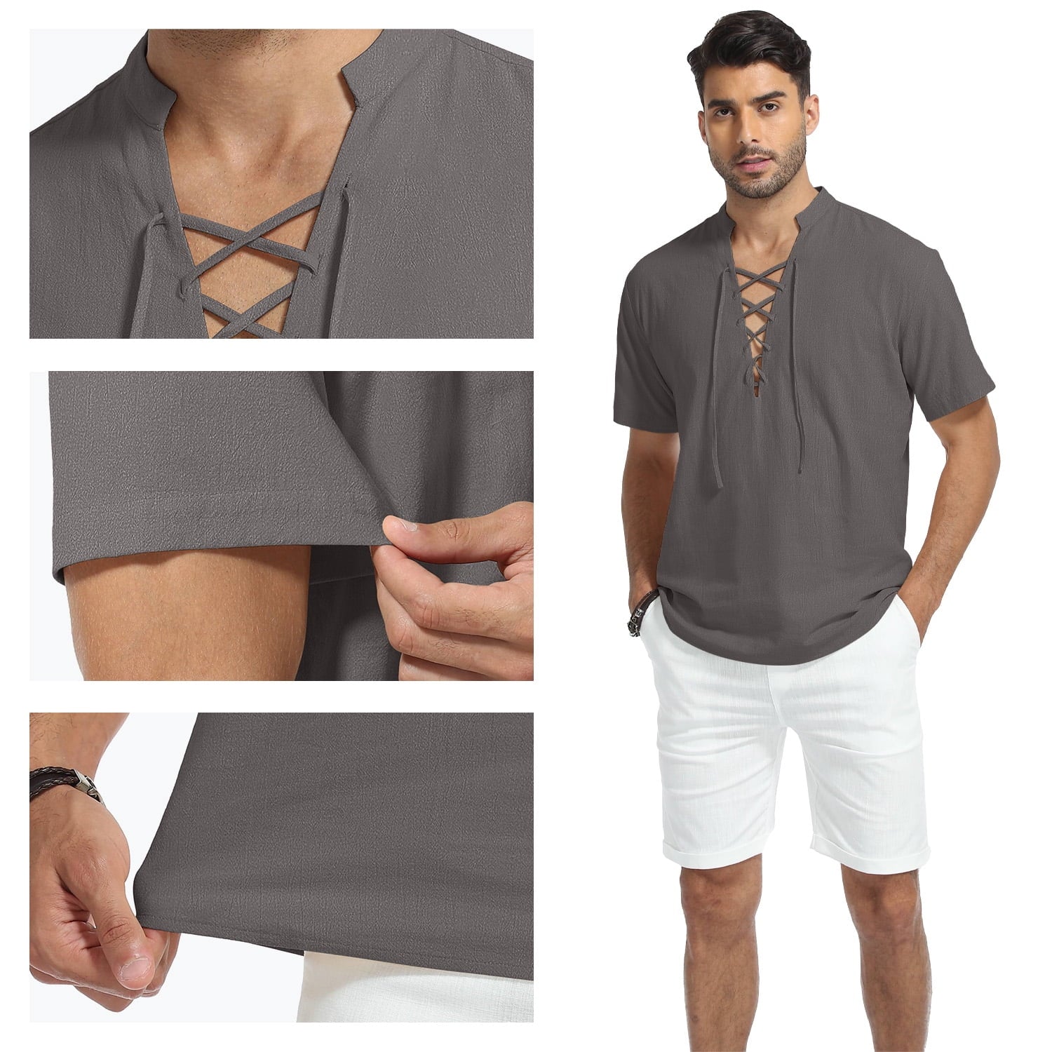 HAOMEILI Men's Cotton Linen Lace-Up V-Neck Short Sleeve Shirt