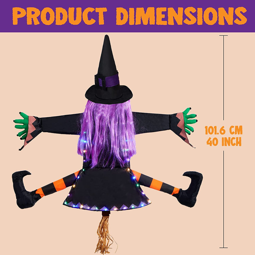 DAKIMOE Halloween Decoration Outdoor Witches Crashing Into Tree with Colorful LED Lights Crashed Witch Props Halloween Hanging Decorations for Indoor House Outdoor Yard Patio Decor 44''x33'' Orange