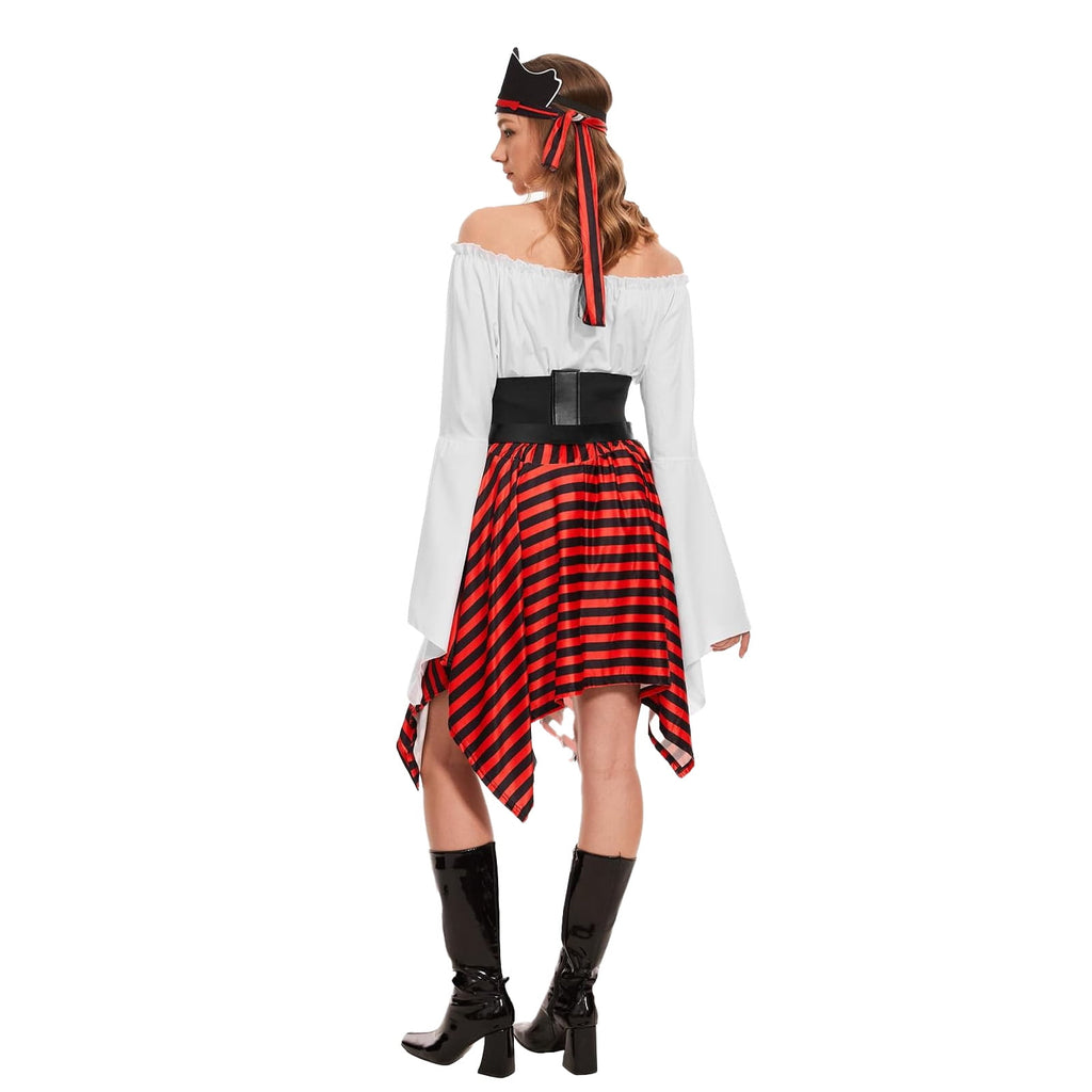 HNKMDK Adult Pirate Costumes for Women Halloween Queen Costumes Renaissance Shirts Pirate Skirts Turbans Waistbands Eye Masks(White,L)
