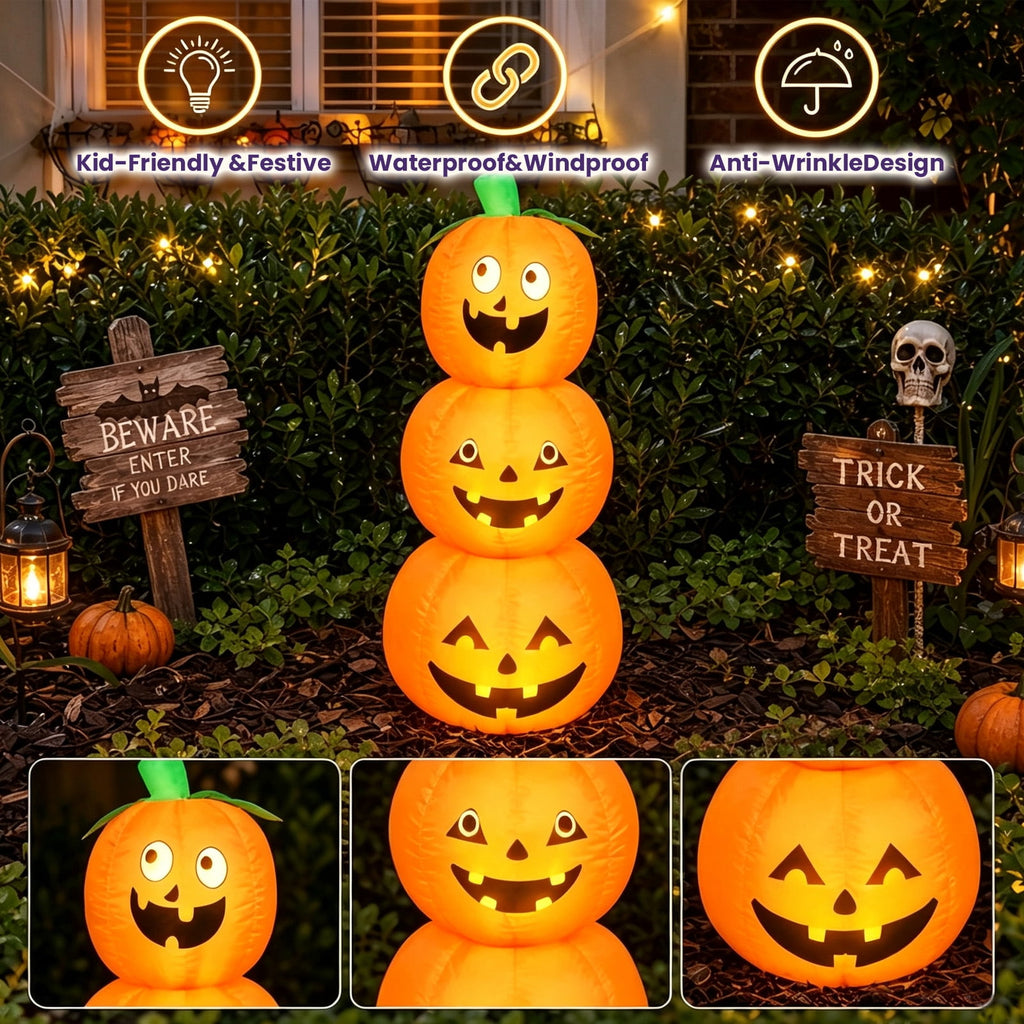 6 FT Halloween Inflatables Stacked Pumpkins Ghost with Build-in LEDs for Porch,Halloween Pumpkin Decor Blow up Yard Decorations