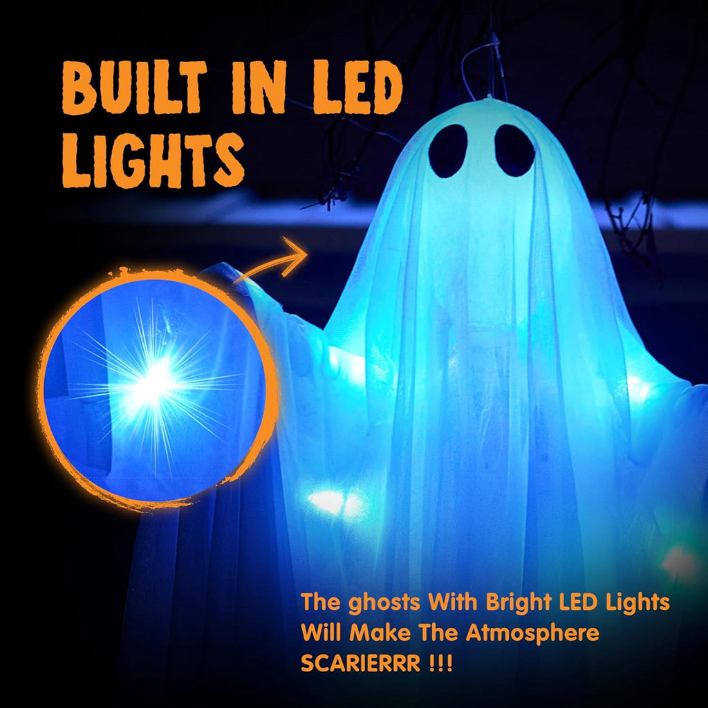 Joyfy 47inch Halloween Decorations Outdoor Hanging Ghost,Light up White Ghosts with Spooky Warm White LED Light,Halloween Outdoor Yard Porch Decorations,Haunted House Decorations