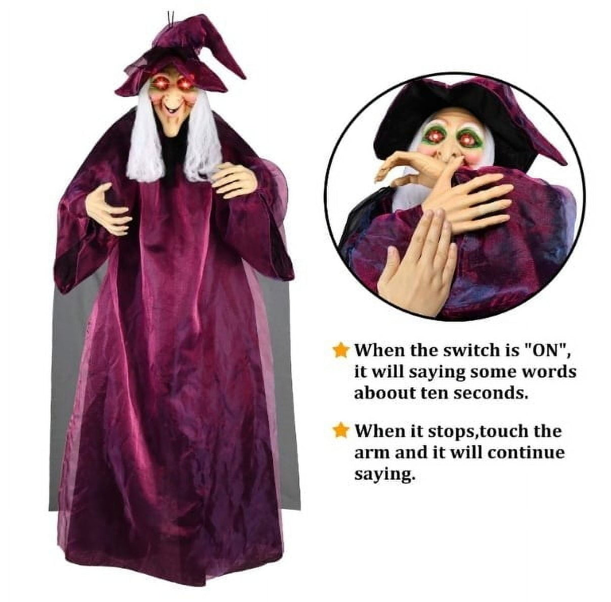 Halloween Animatronics Witch Clearance, Voice Activated Purple Escape Haunt Halloween House Décor & Fright Fest Prop, Life Size Animated Halloween Decoration Outdoor