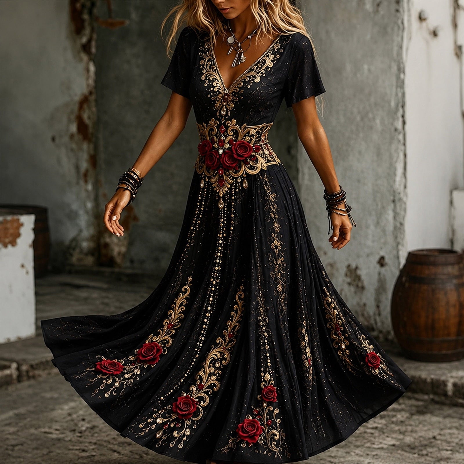 KICILVS Gothic Clothes For Women Black Spiderweb And Spider Print Flowing V Neck Long Maxi Dress Halloween Cosplay Gothic Party Dress