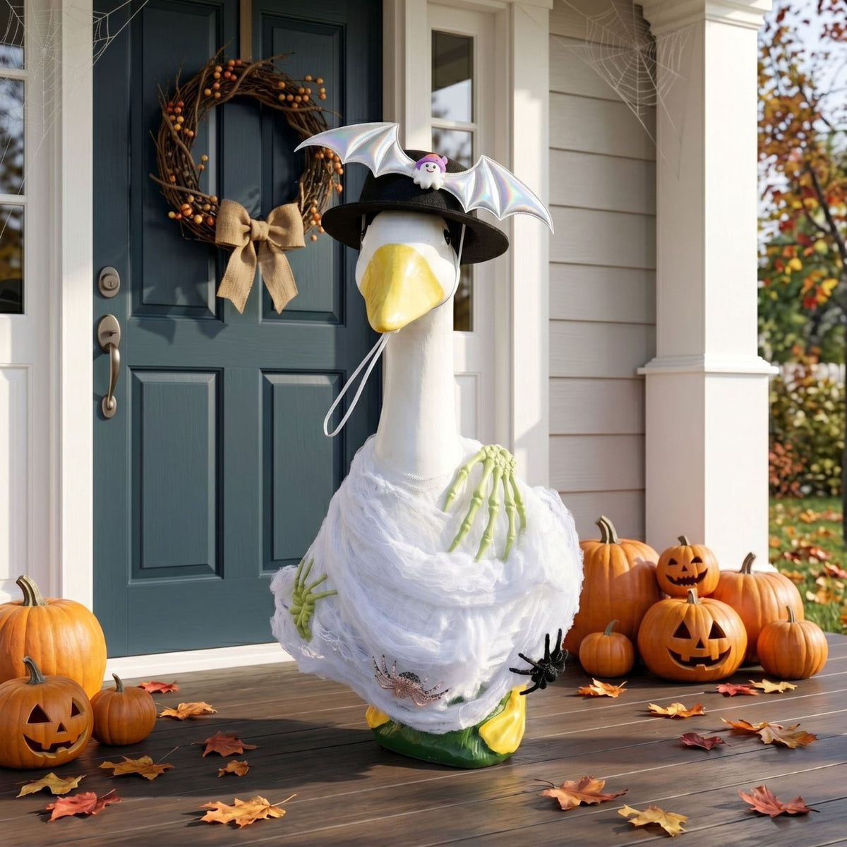 Bat Witch Hat Spiderweb Halloween Goose Clothes Fit 17/23In Cement Plastic Lawn Goose, Stylish Full Set for Outdoor Yard Patio Garden Seasonal Halloween Home Ornamental Arrangement