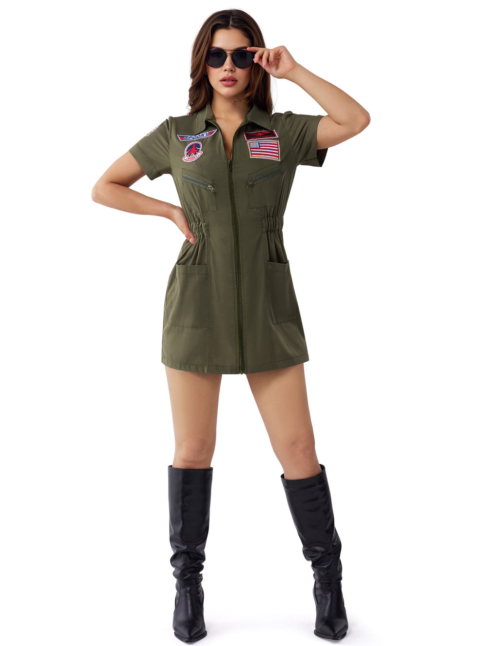 Joyfy Flight Pilot Costume for Adults Pilots Uniform Costume Movie Icon Green Jumpsuit for Men Halloween Party Fancy Dress up Cosplay