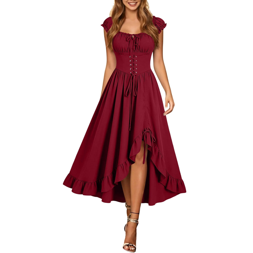 Gothic Dresses for Women Medieval Renaissance Halloween Costume Lace Up Corset High Low Ruffle Hem Square Neck Vintage Gown