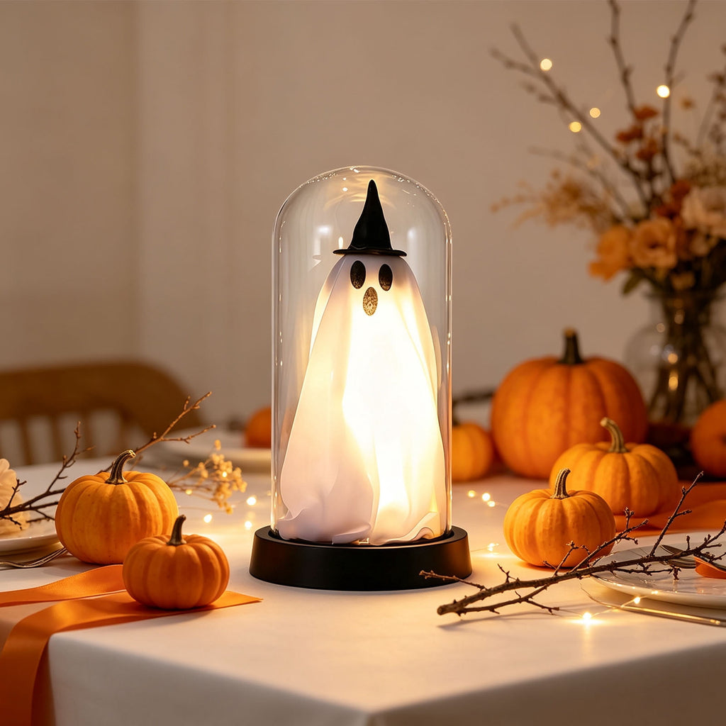 Darzheoy Halloween Decoration Ghost Cloche Lamp, with 3 Mini Figurines, Halloween Ghost Spooky, White Warm Glow, 1 Count