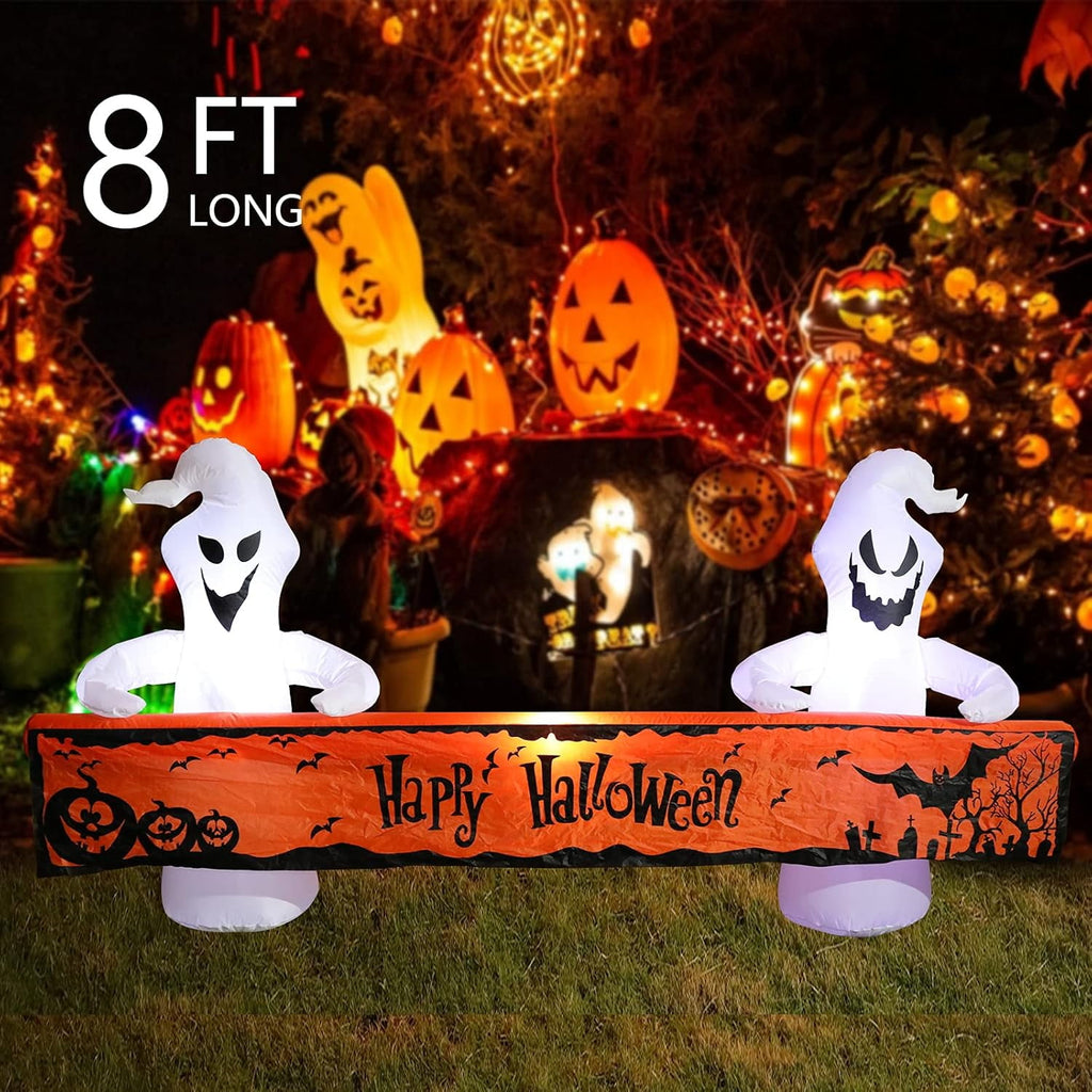 Large Hallowee Inflatable-8FT White Ghosts with Orange Banner Print “Happy Halloween” LED Lights Outdoor Halloween Decorations Blow Up Decoration for Halloween Party, Yard, Garden, Lawn