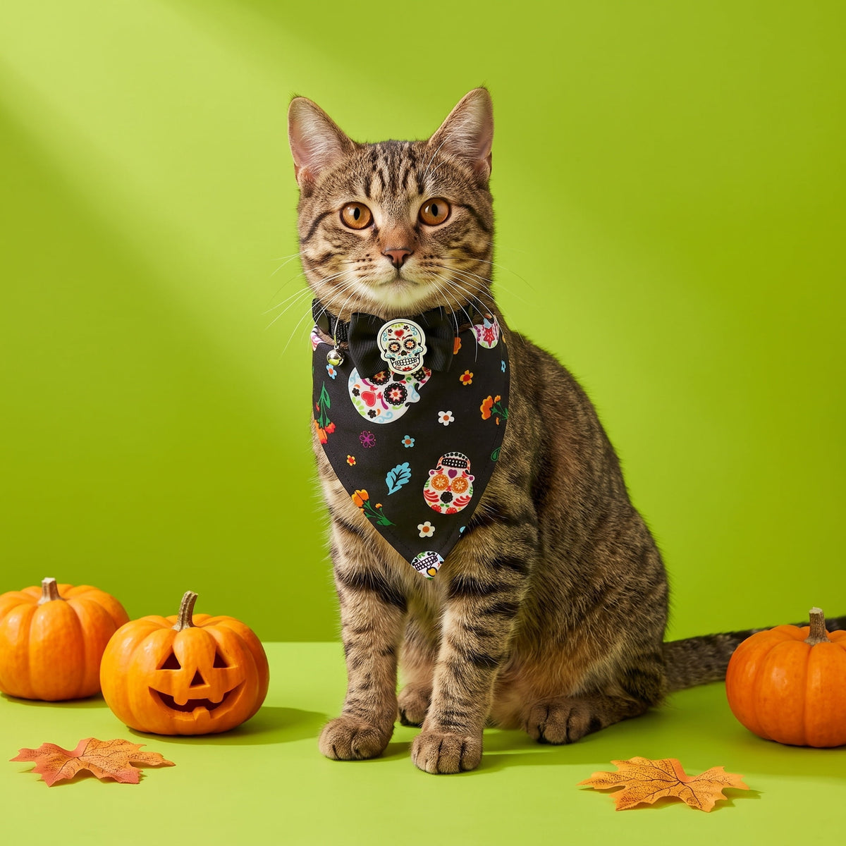Vibrant Life Halloween Cat Collar Slider Set with Bandana and Bow Tie, Day of the Dead, Black, One Size, 3 Pieces