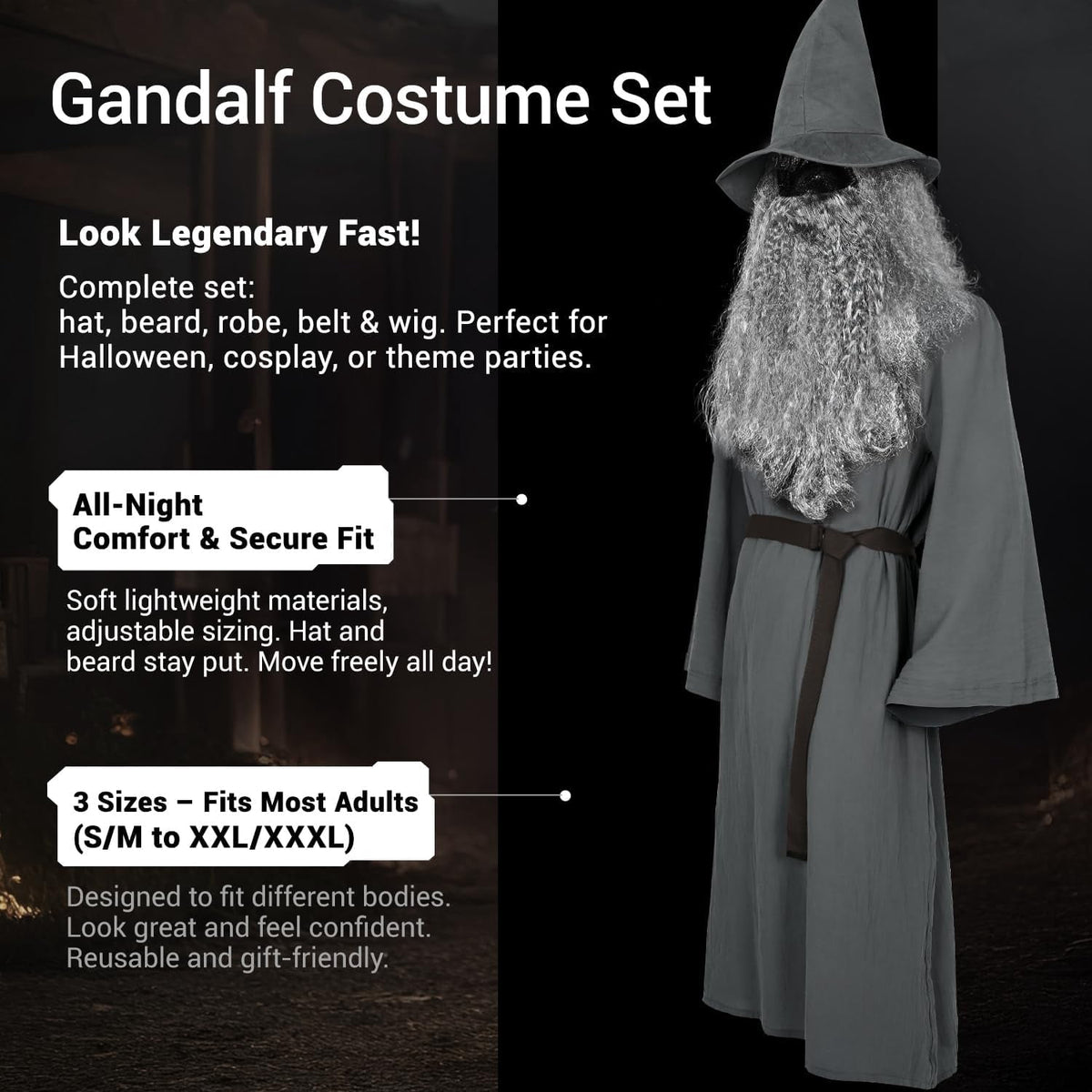 Deluxe 5 Pcs Wizard Costume for Adults Grey Wizard Robe with Wizards Hat, Belt, Wig & Beard Halloween Costumes For Men