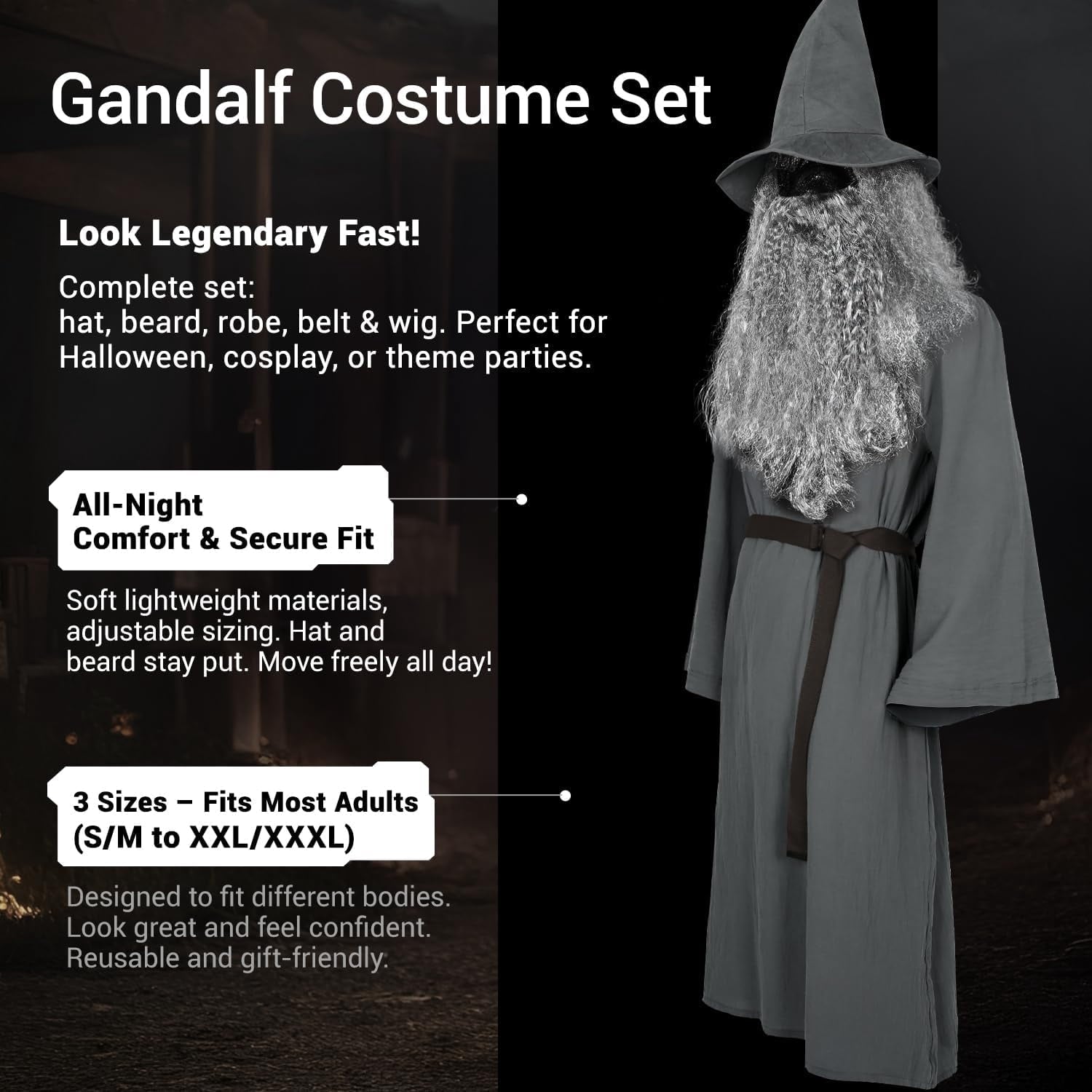 Deluxe 5 Pcs Wizard Costume for Adults Grey Wizard Robe with Wizards Hat, Belt, Wig & Beard Halloween Costumes For Men