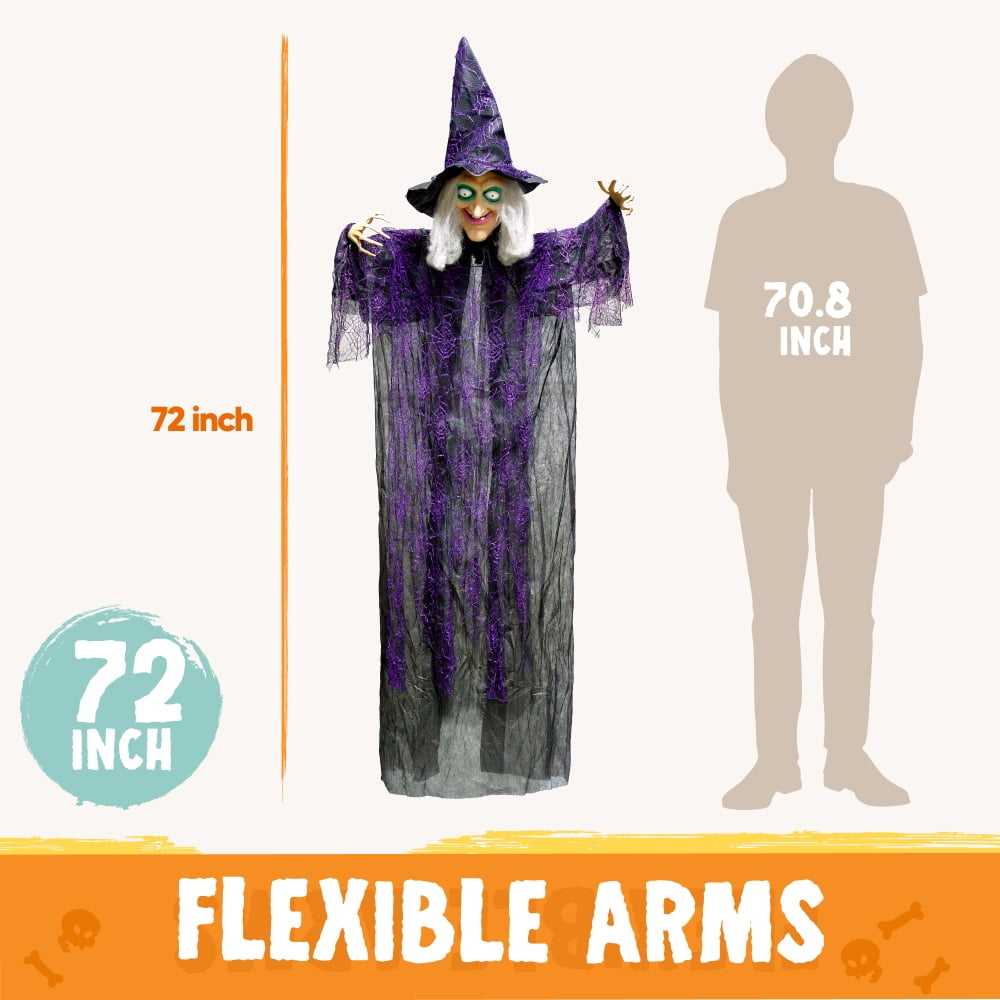 Joyfy 6ft Halloween Witch Decoration,Outdoor Scary Halloween Animatronic Hanging Witch with Light Up Eyes and Sound Decoration for Halloween Outdoor