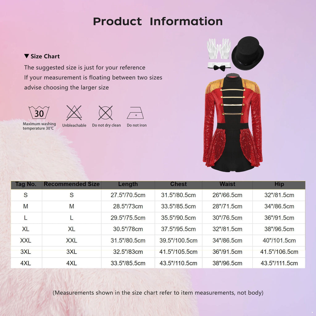 iiniim Womens Ringmaster Costume Circus Ring Leader Outfit Master Lion Tamer Fancy Bodysuit Black 4XL