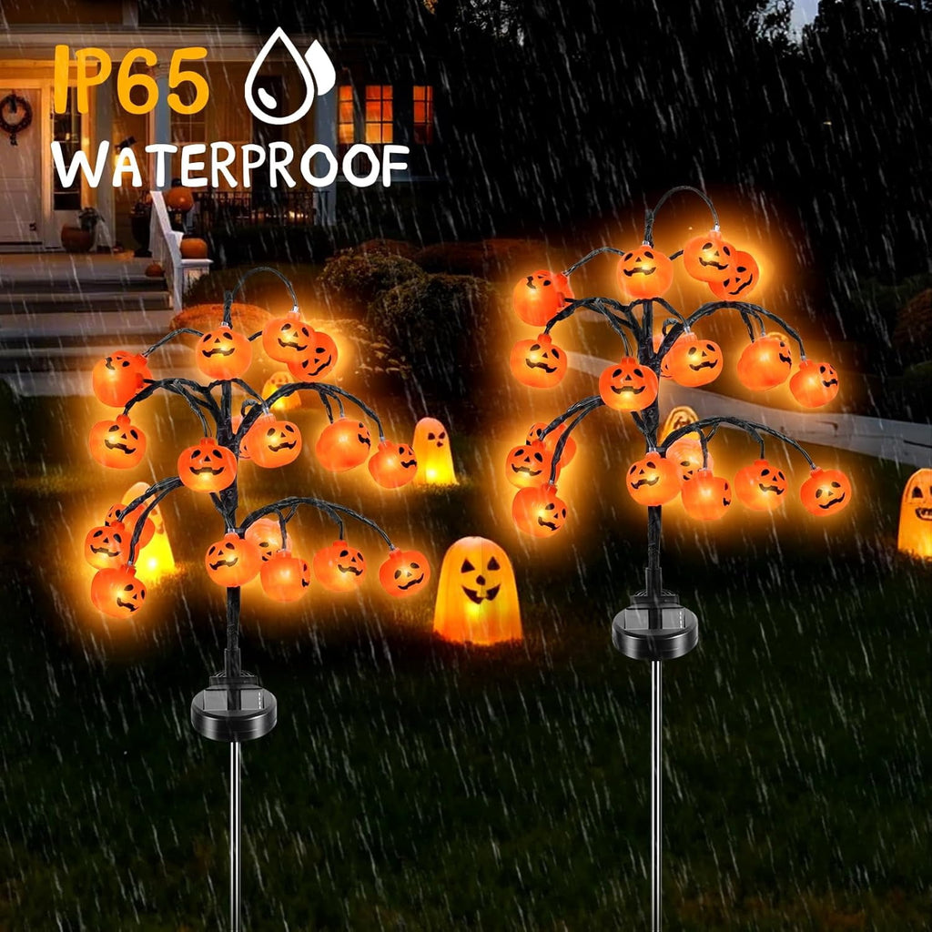 Qoosea 2 packs 40 LEDs Solar Halloween Pumpkin Stake Lights, 2 Modes Outdoor Waterproof Halloween Decorations, Solar Halloween Lights Stakes for Garden Yard Pathway