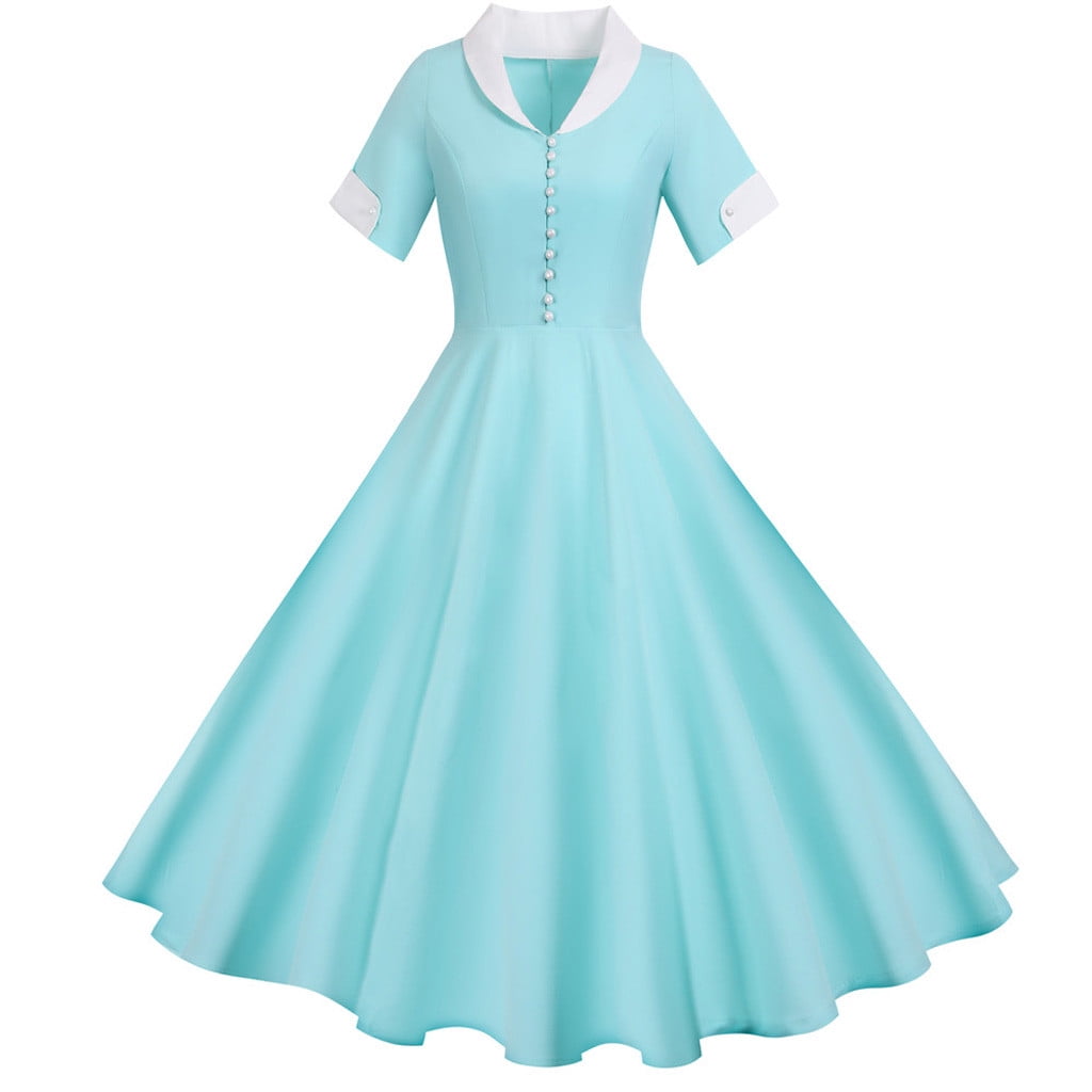 Tejiojio Women Clothes Women's 1950s Retro Dress Short Sleeve Vintage Swing Dress