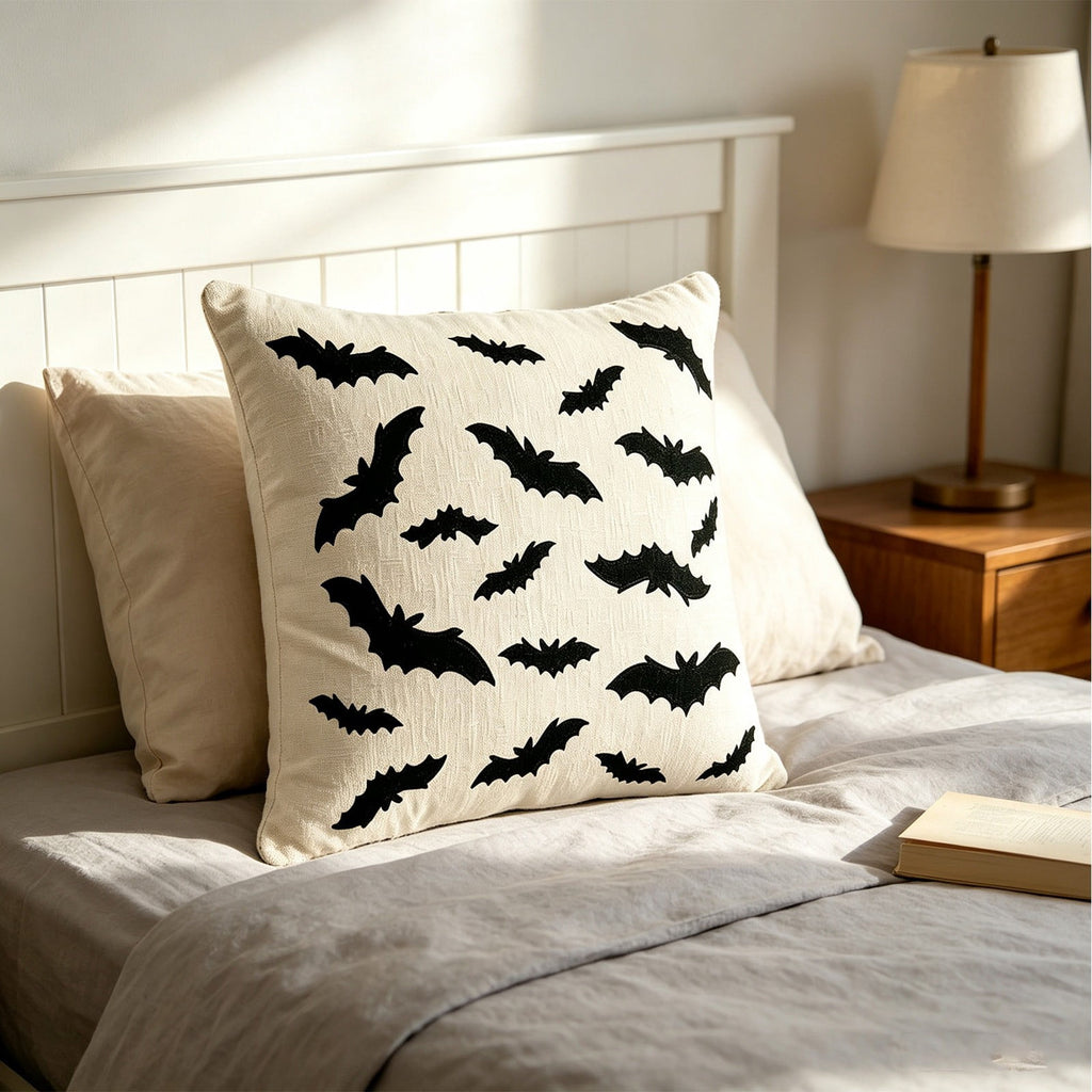 Yeciiwht Halloween Throw Pillow Cover – 18*18inch Embroidered Linen Cushion Case with Ghost, Mummy & Bat Designs, Invisible Zipper, Machine Washable