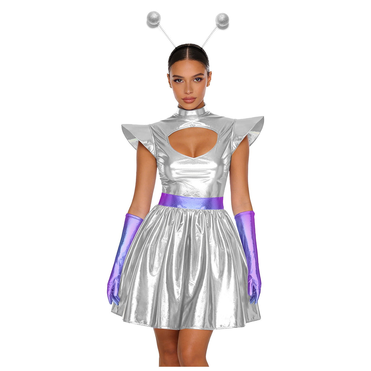 Aislor Womens Outer Space Alien Dress with Gloves Headband Halloween Space Cadet Rave Outfit Blue 3XL