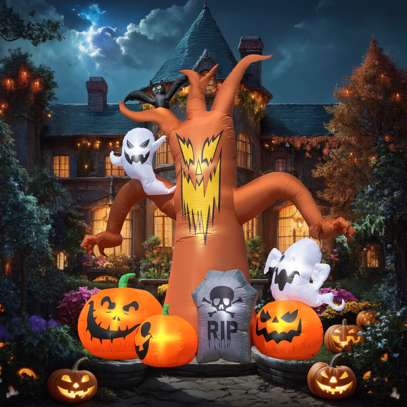 Coolmade 8 ft Halloween Inflatable Dead Tree, Blow‑Up Yard Decor with Built‑in LED Lights, Pumpkin Ghost Tombstone Bat for Lawn Garden Party